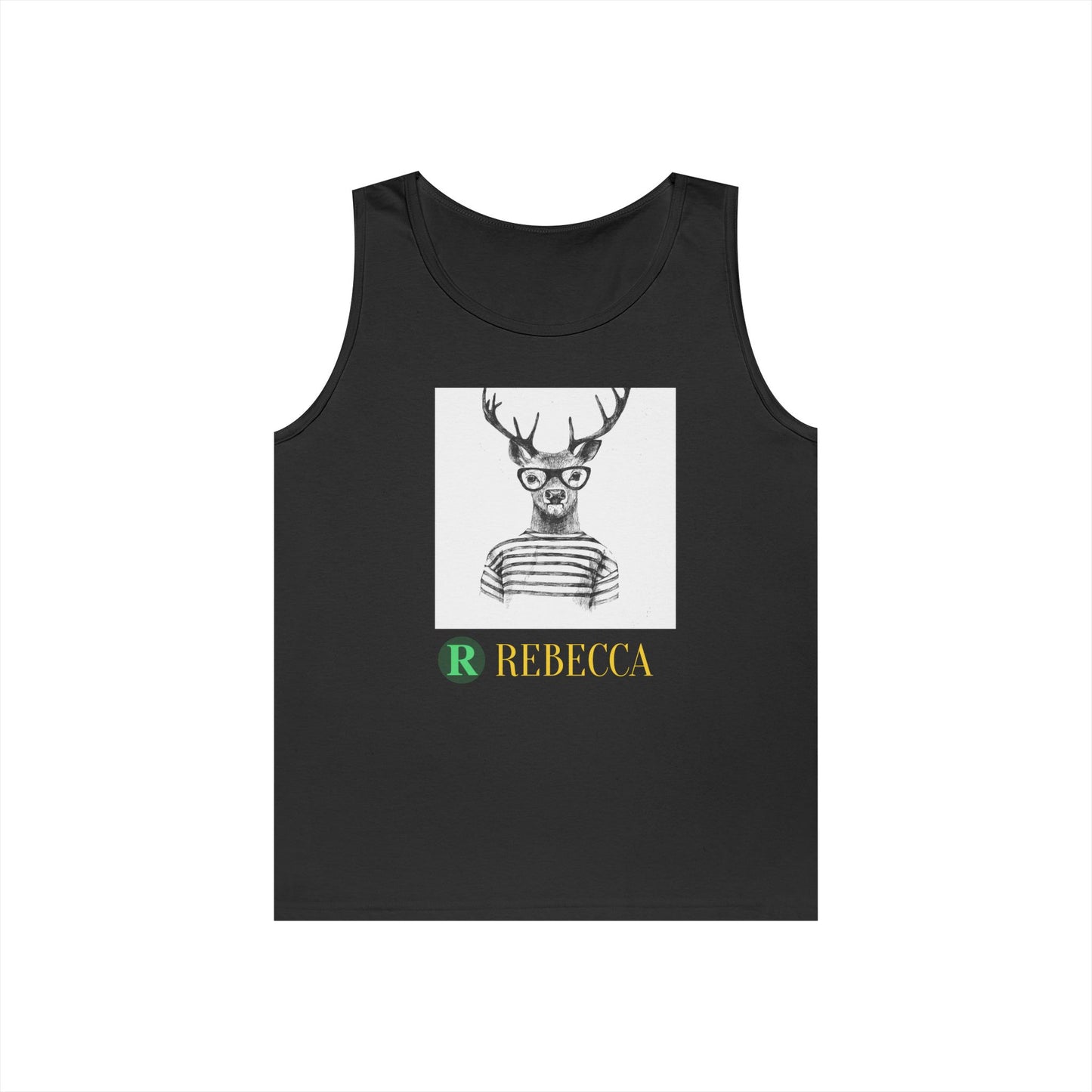 Deer in Glasses Graphic Tank Top — 'Rebecca' Striped Deer Illustration