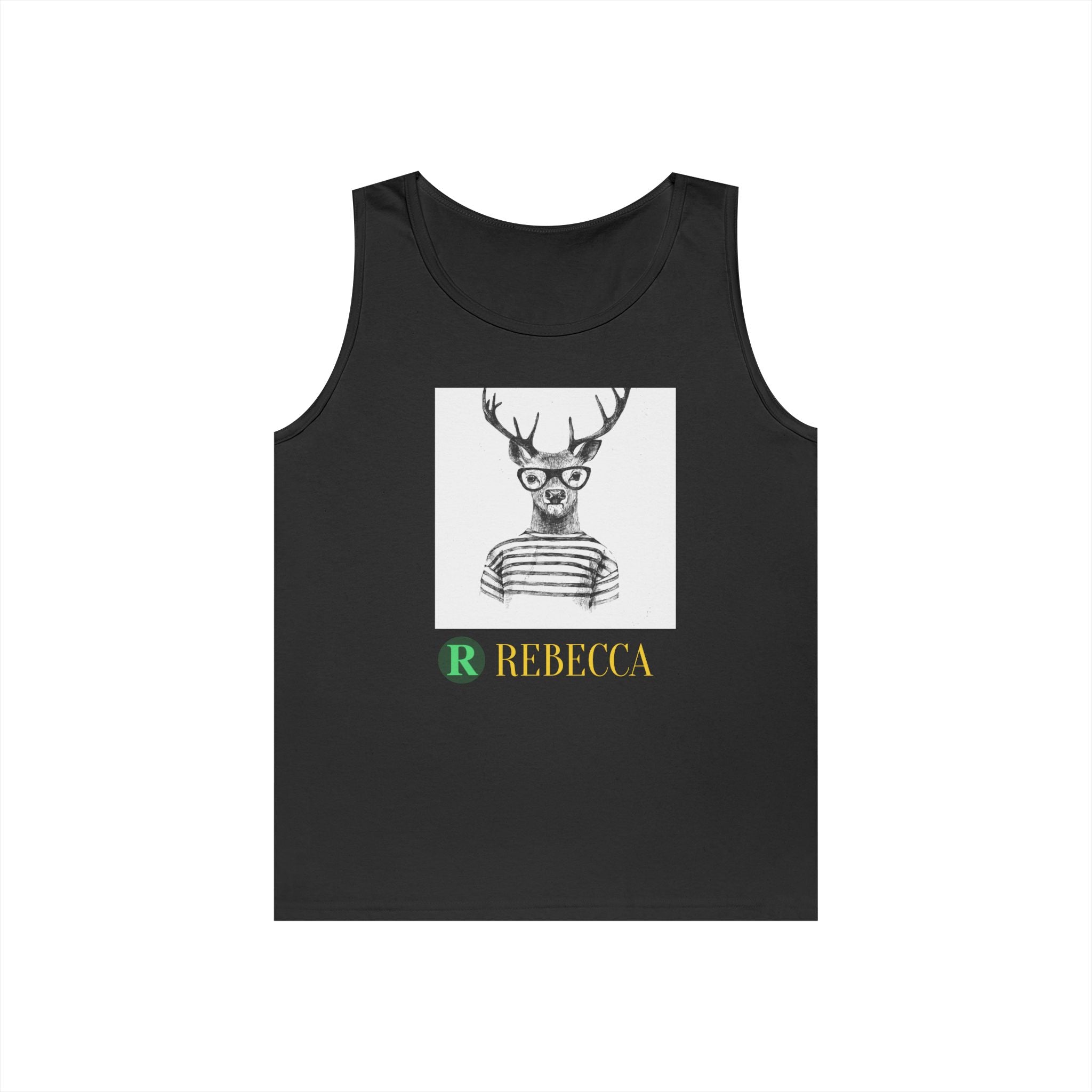 Deer in Glasses Graphic Tank Top — 'Rebecca' Striped Deer Illustration