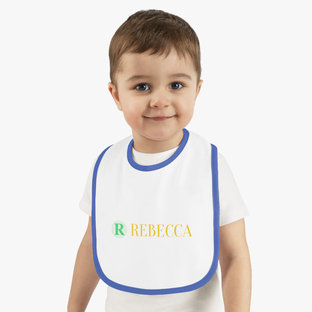 Personalized Baby Bib — Contrast Trim Jersey Bib with Name (Rebecca)