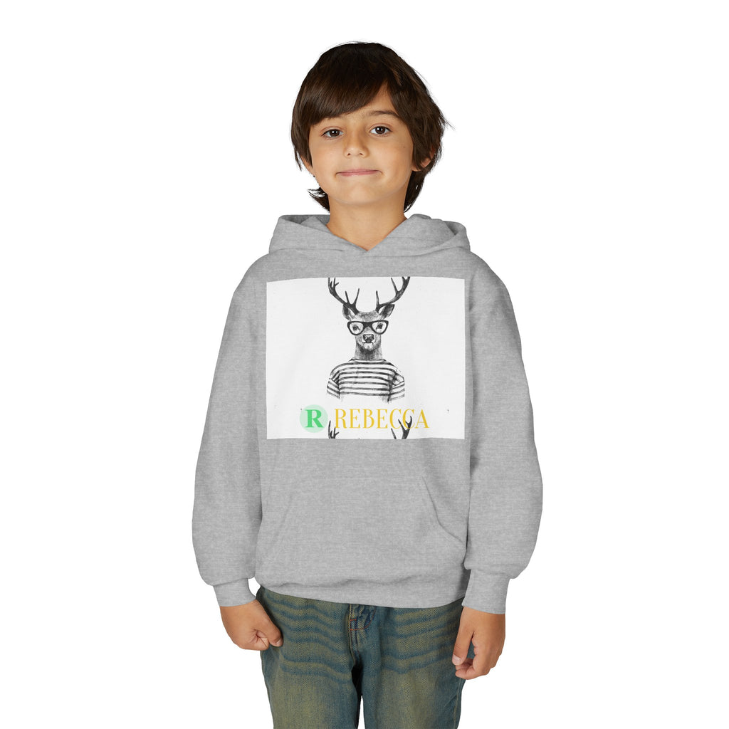 Youth Hoodie — Whimsical Deer with Glasses & 'Rebecca' Name Graphic