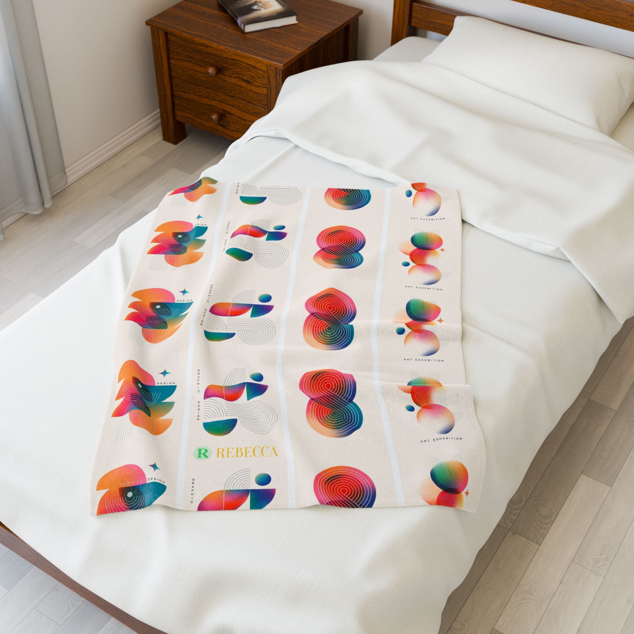 Abstract Colorful Geometric Velveteen Plush Blanket — Retro Rainbow Shapes Throw
