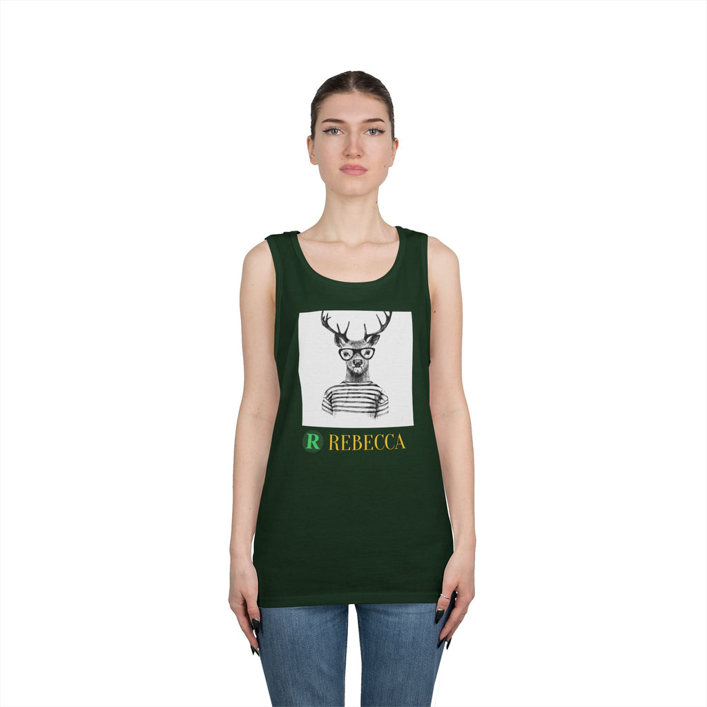 Deer in Glasses Graphic Tank Top — 'Rebecca' Striped Deer Illustration