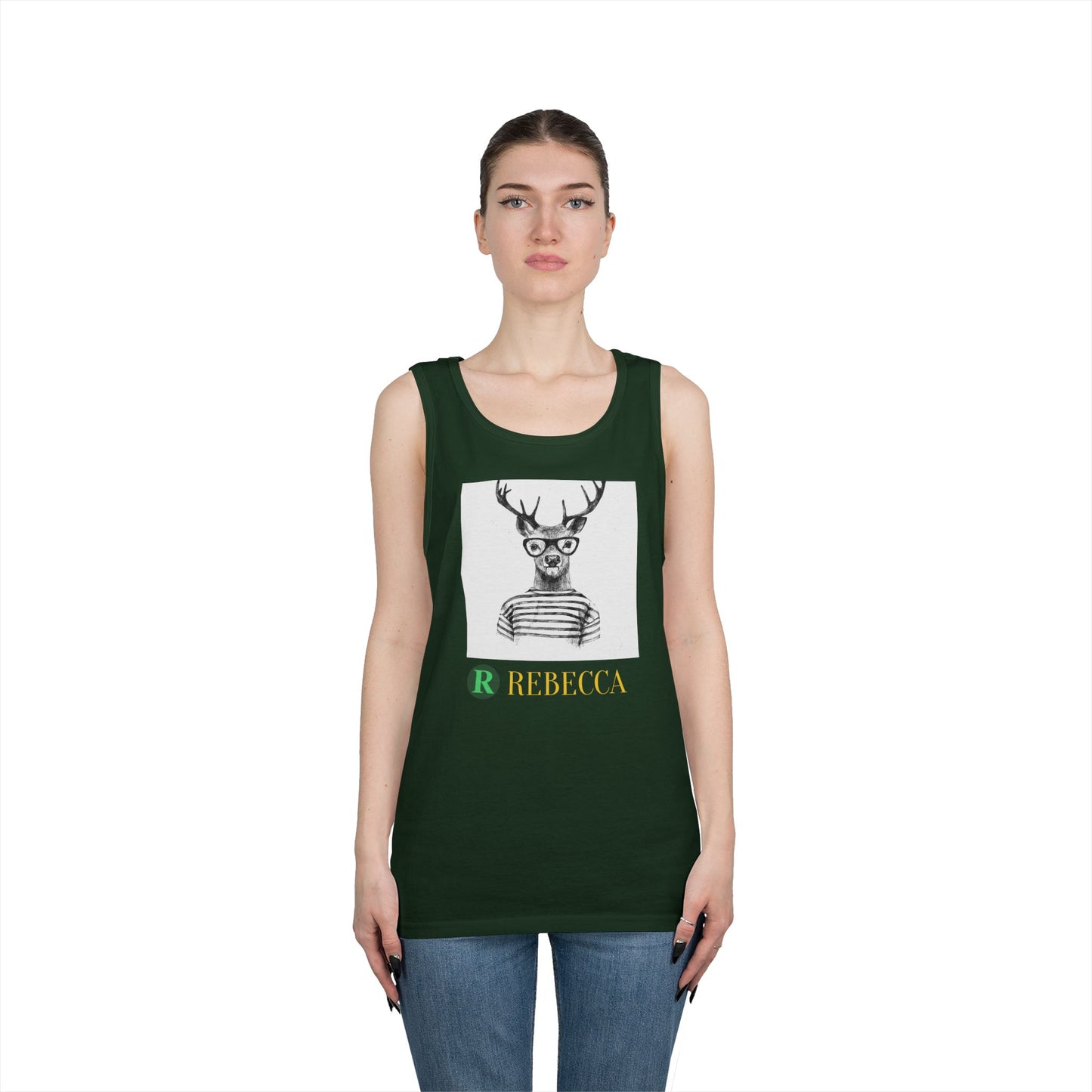 Deer in Glasses Graphic Tank Top — 'Rebecca' Striped Deer Illustration