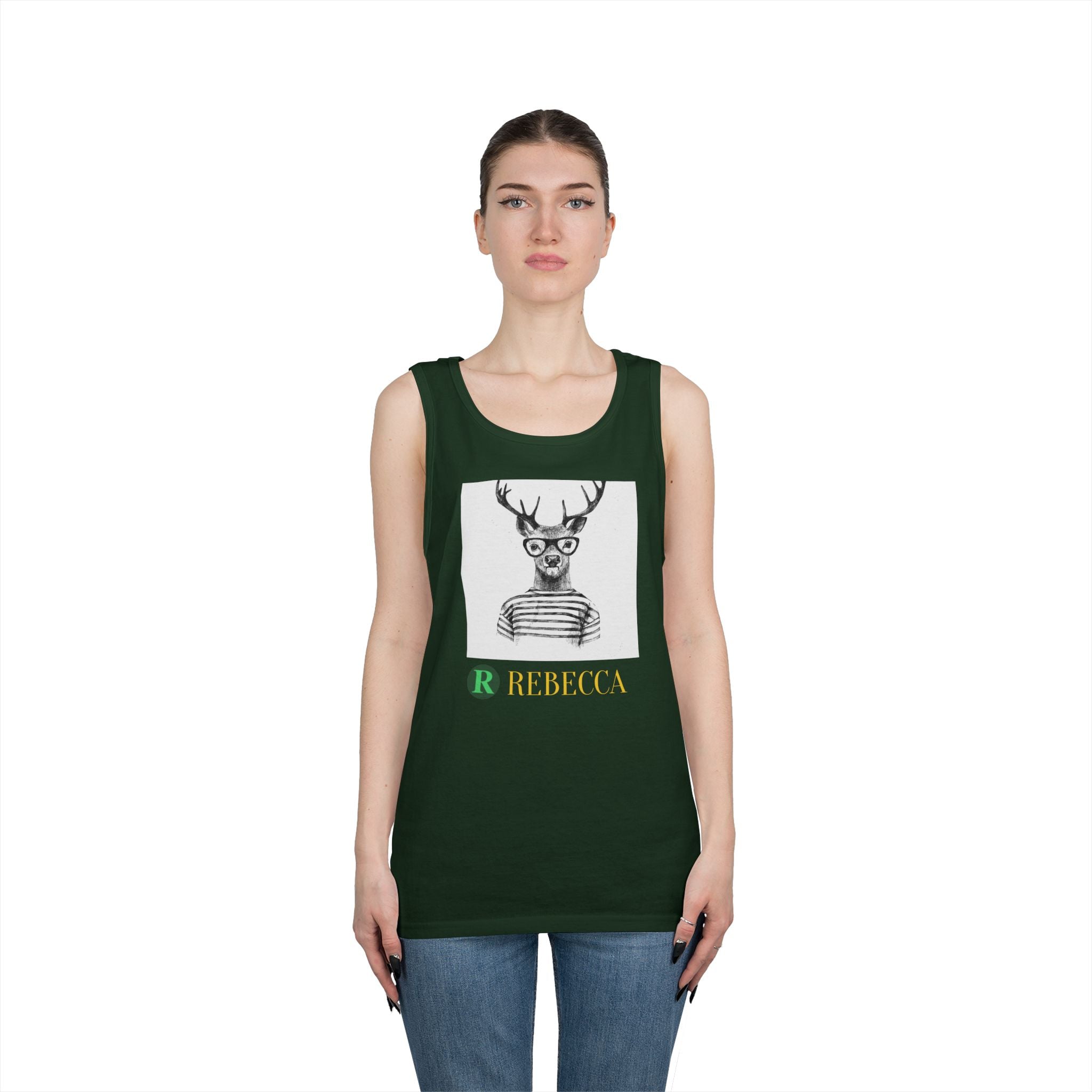 Deer in Glasses Graphic Tank Top — 'Rebecca' Striped Deer Illustration