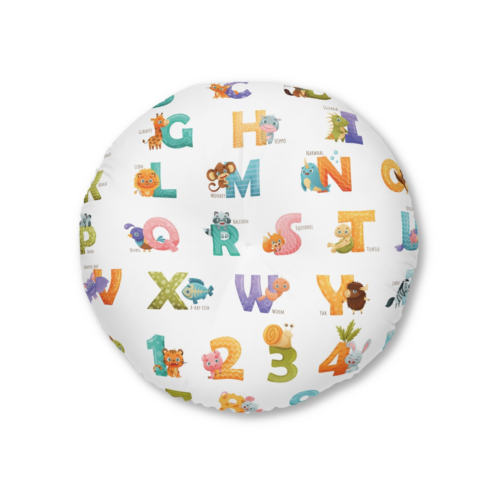 Alphabet & Numbers Kids Tufted Floor Pillow — Cute Animal ABCs & 123s