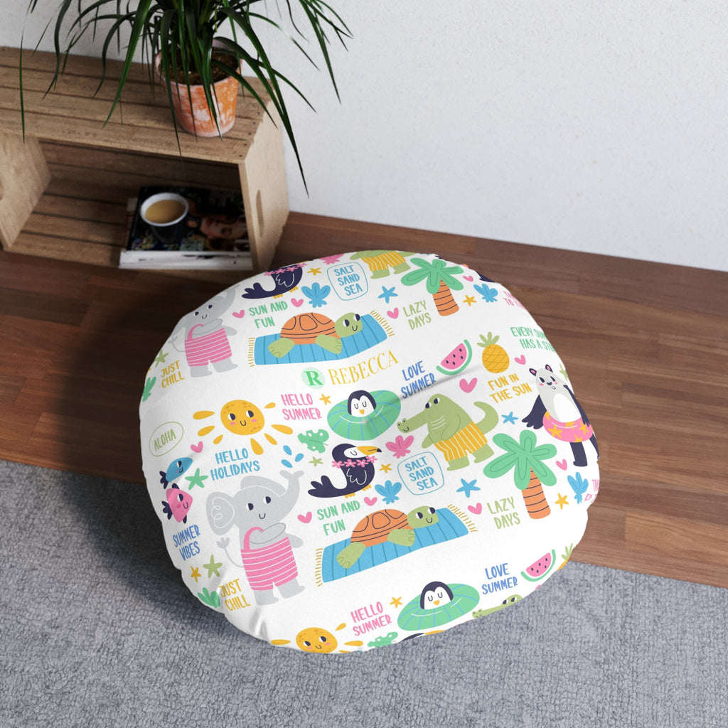 Round Tufted Floor Pillow — Modern Black & White Spiral Pattern