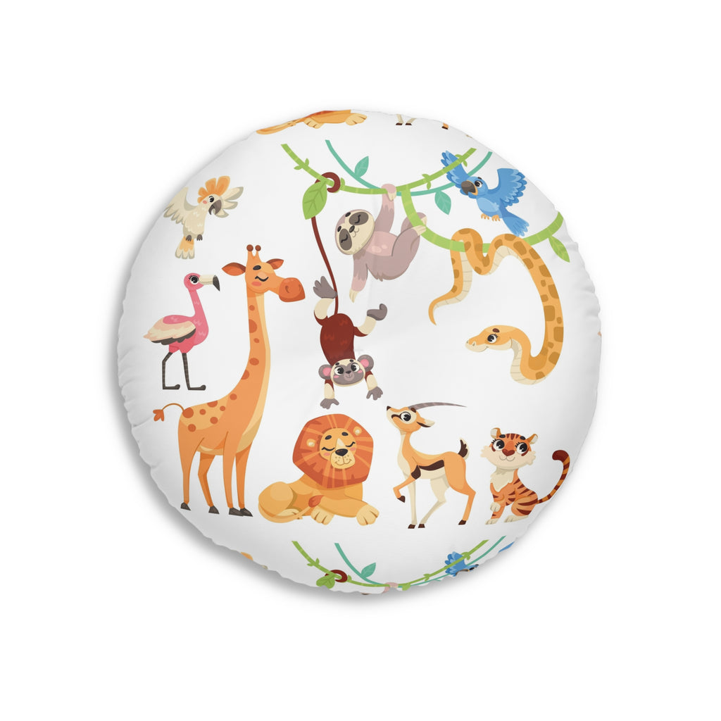 Round Tufted Floor Pillow — Cute Safari Animals Pattern for Kids’ Nursery & Playroom