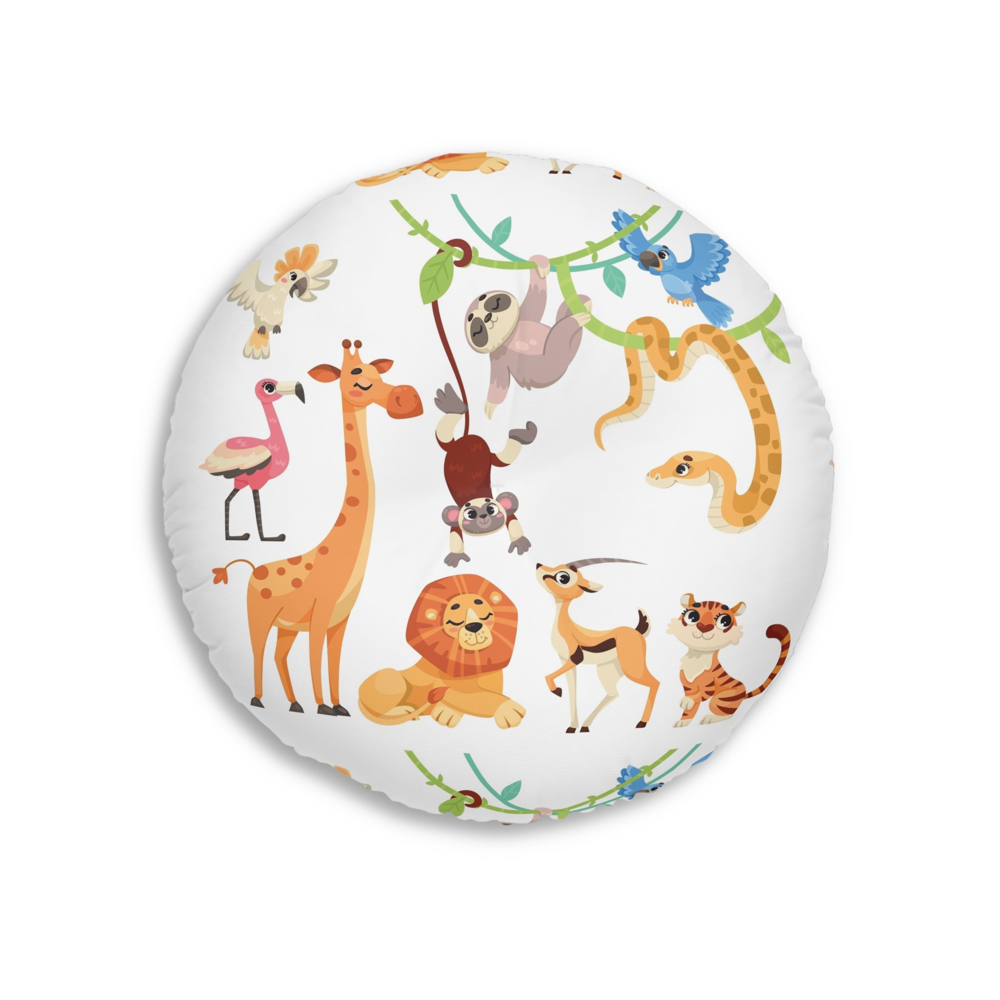 Round Tufted Floor Pillow — Cute Safari Animals Pattern for Kids’ Nursery & Playroom