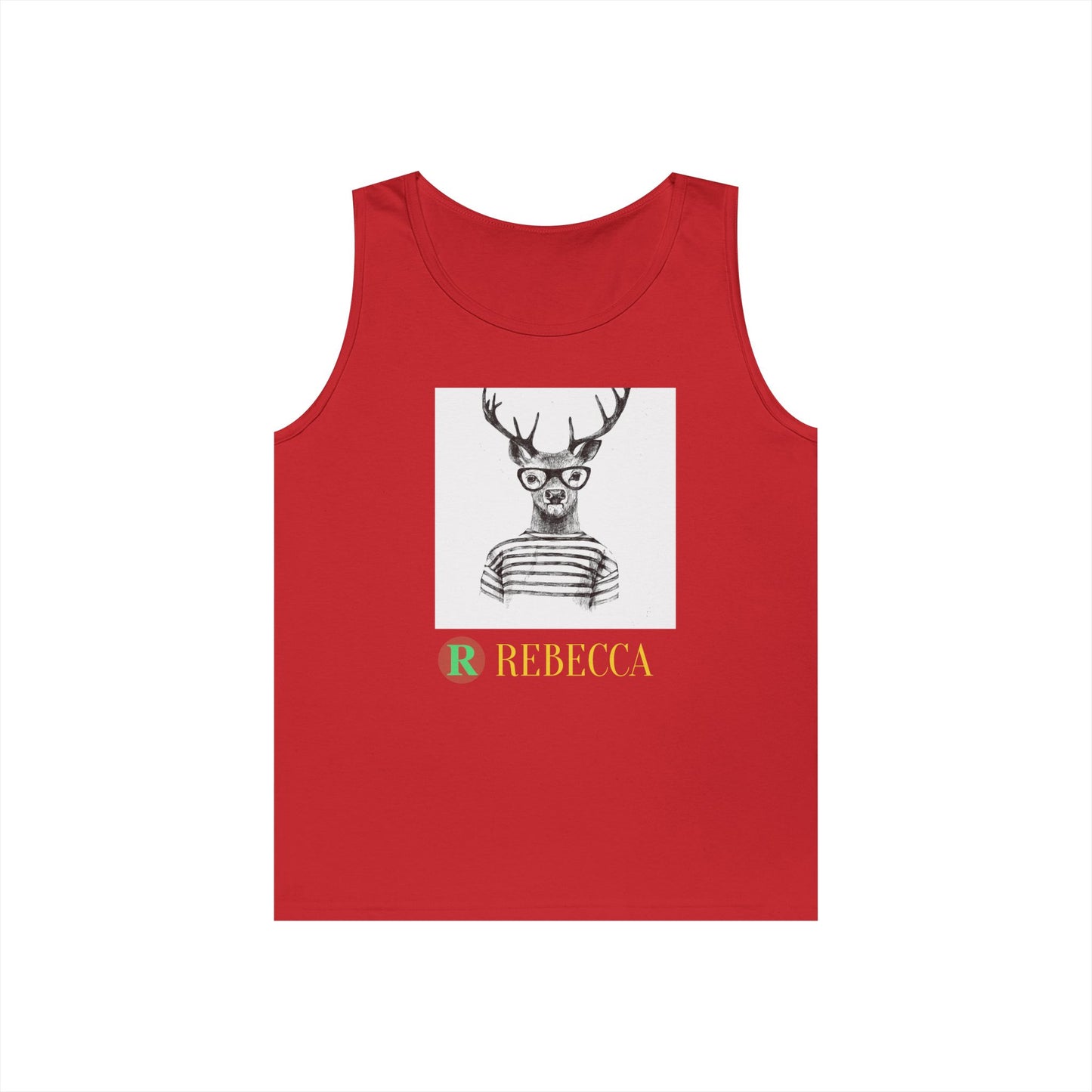 Deer in Glasses Graphic Tank Top — 'Rebecca' Striped Deer Illustration