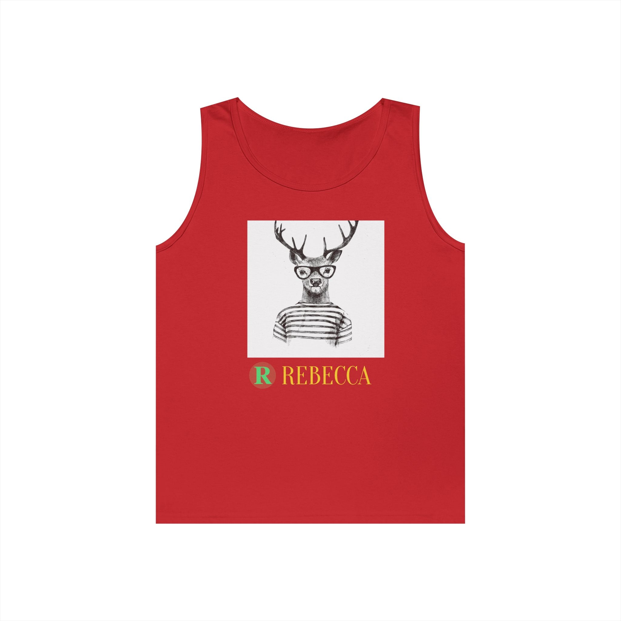 Deer in Glasses Graphic Tank Top — 'Rebecca' Striped Deer Illustration
