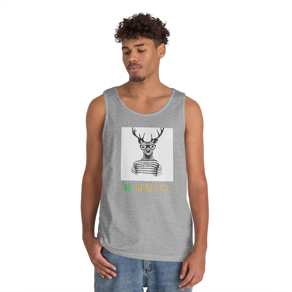 Deer in Glasses Graphic Tank Top — 'Rebecca' Striped Deer Illustration