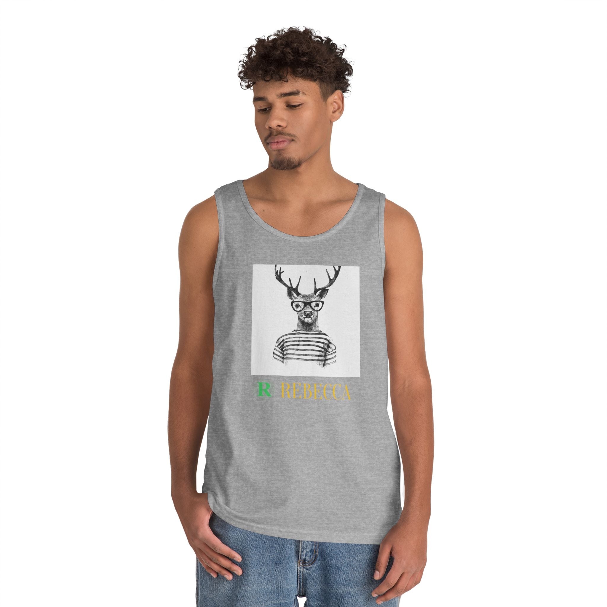 Deer in Glasses Graphic Tank Top — 'Rebecca' Striped Deer Illustration