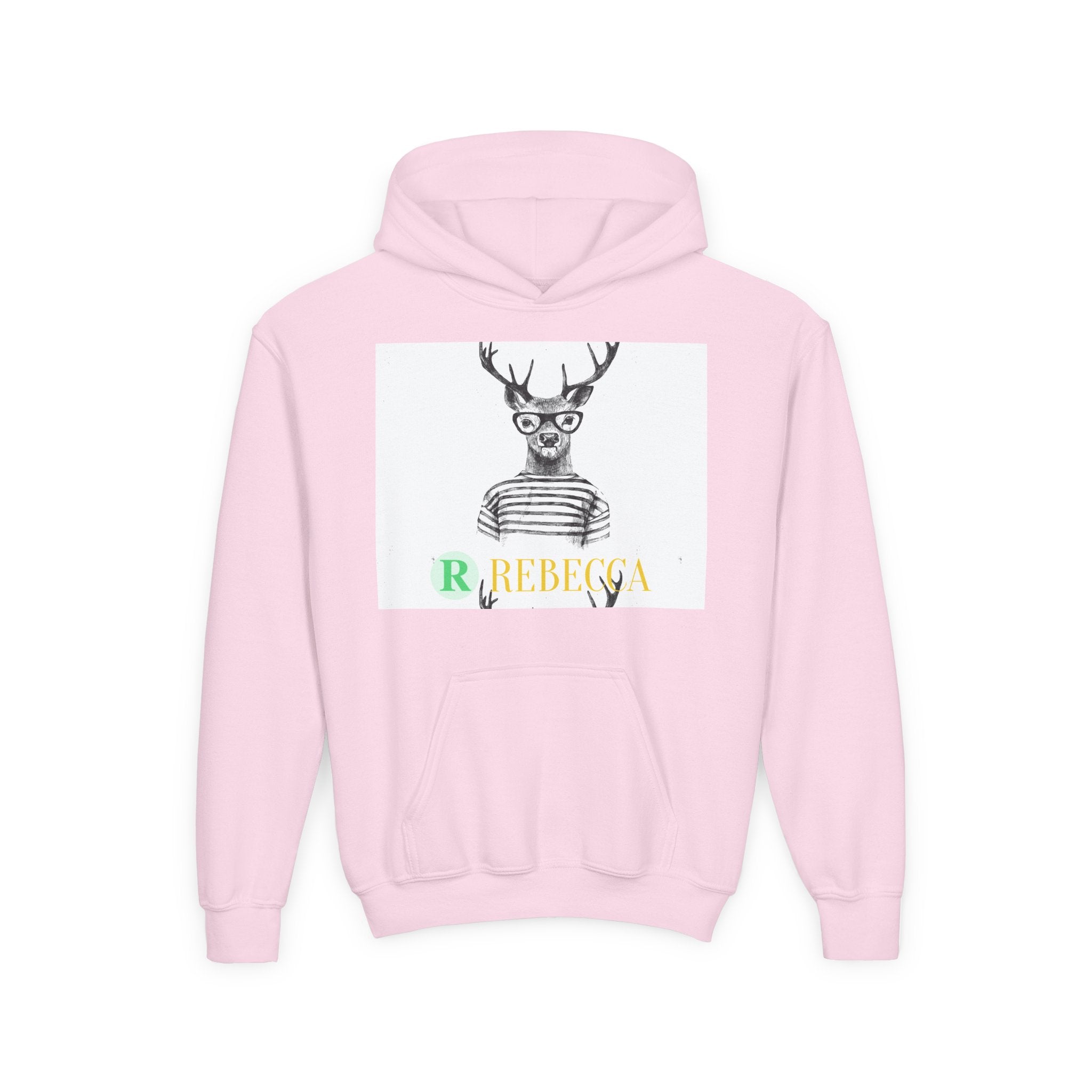 Youth Hoodie — Whimsical Deer with Glasses & 'Rebecca' Name Graphic