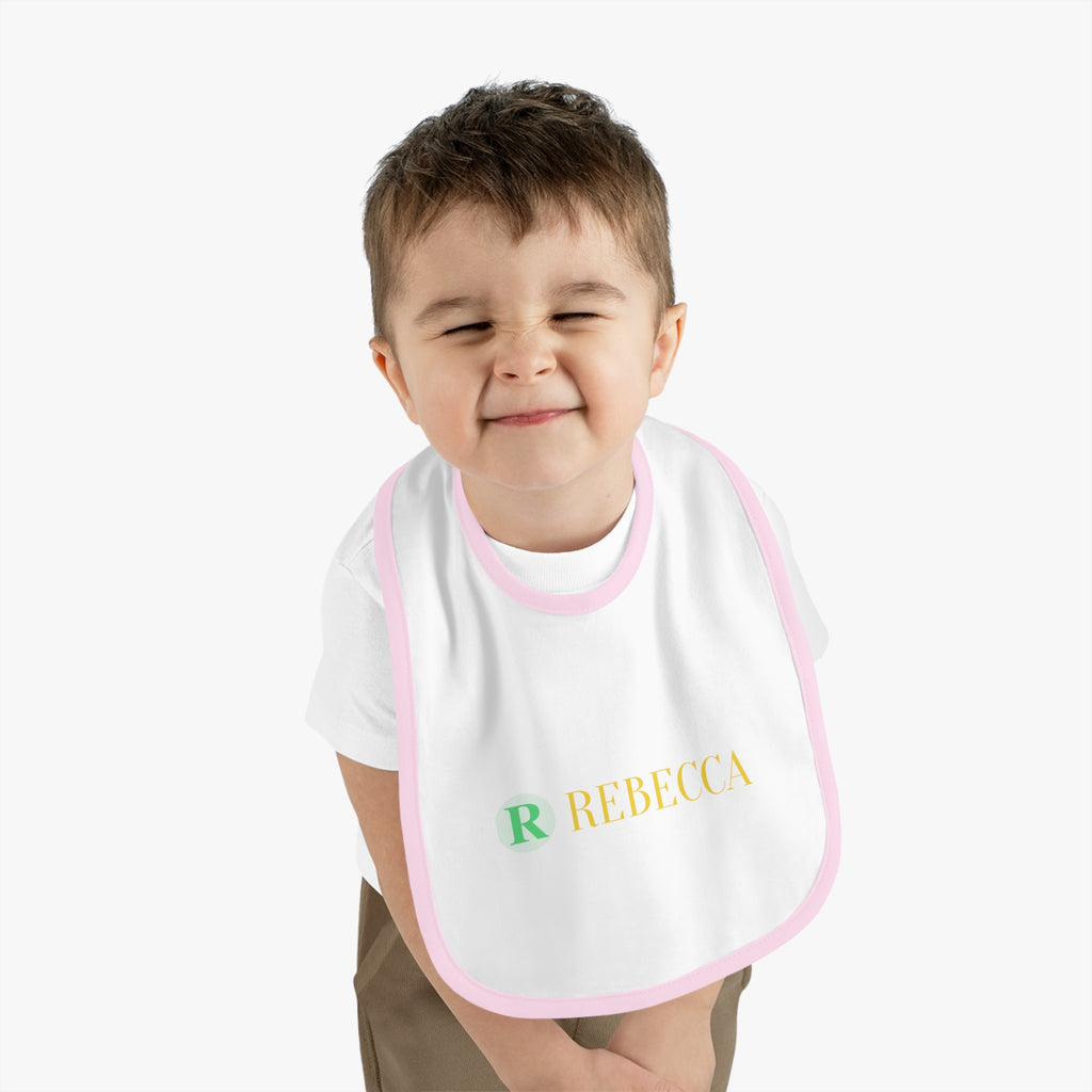 Personalized Baby Bib — Contrast Trim Jersey Bib with Name (Rebecca)