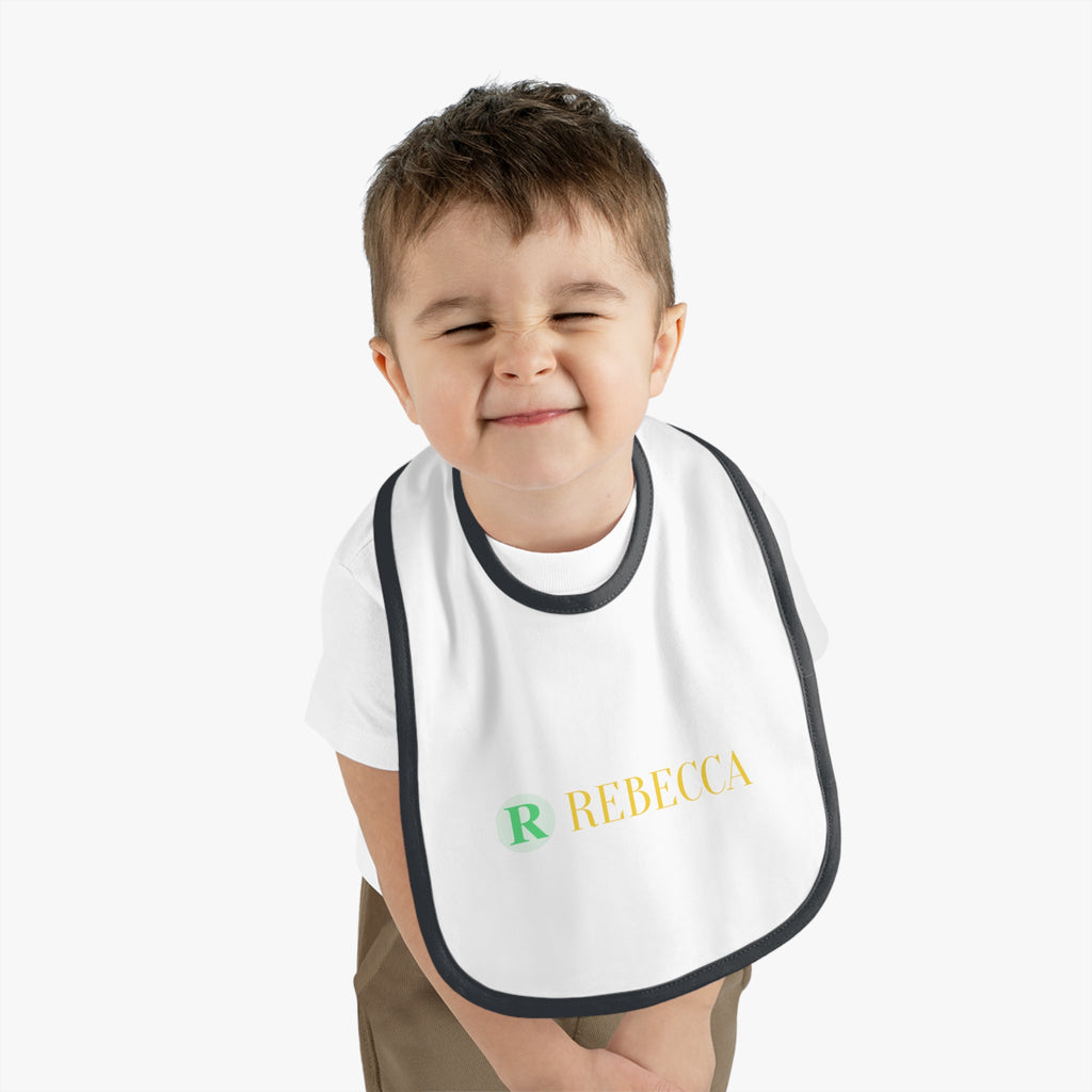 Personalized Baby Bib — Contrast Trim Jersey Bib with Name (Rebecca)