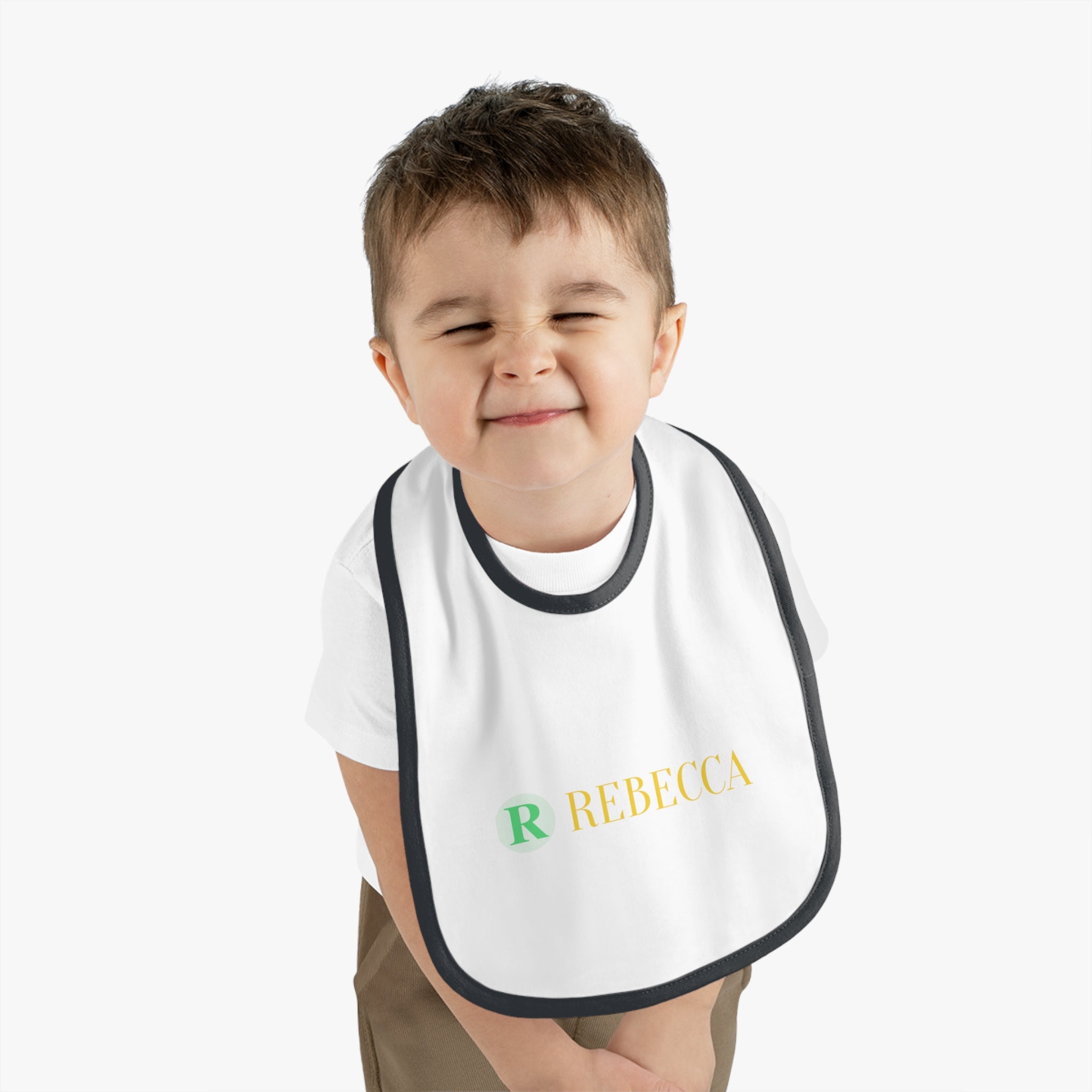 Personalized Baby Bib — Contrast Trim Jersey Bib with Name (Rebecca)