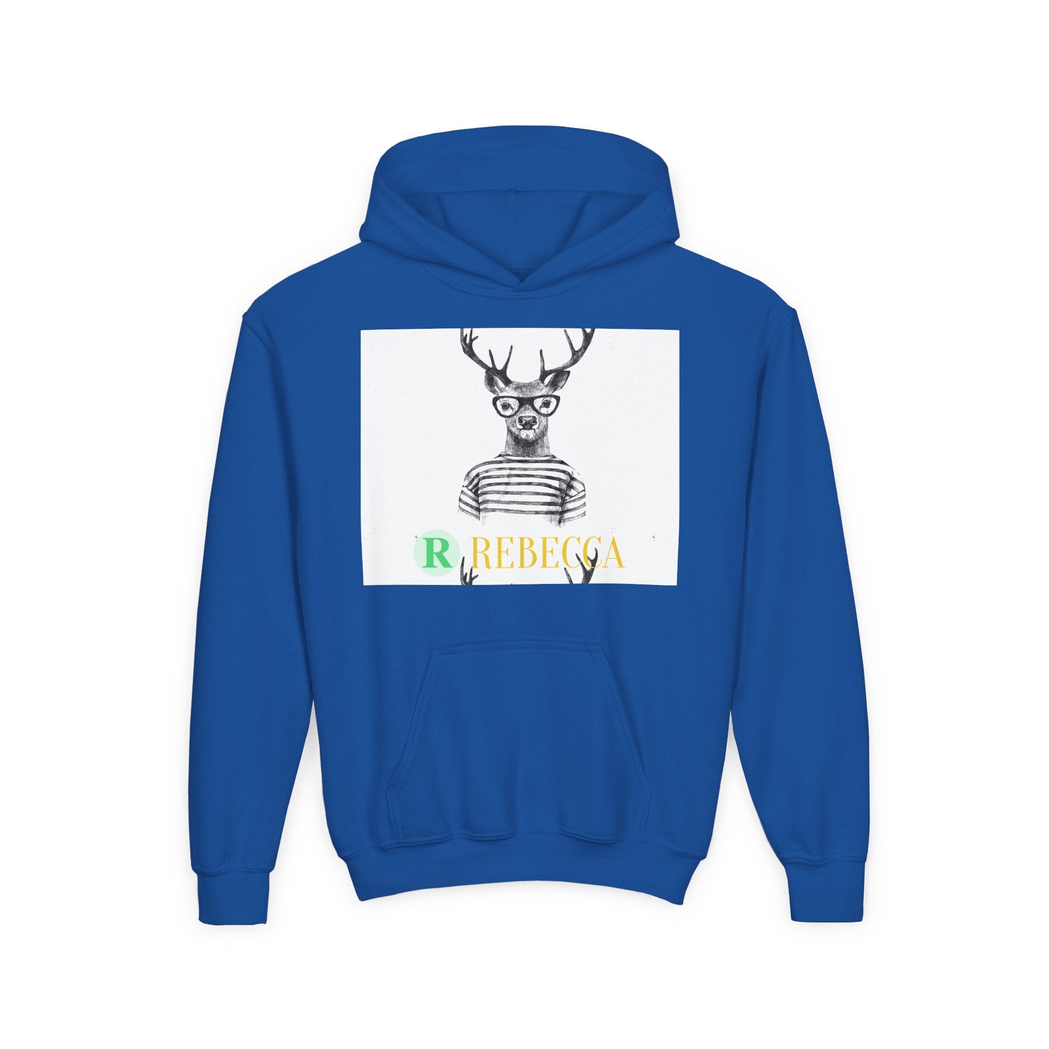 Youth Hoodie — Whimsical Deer with Glasses & 'Rebecca' Name Graphic