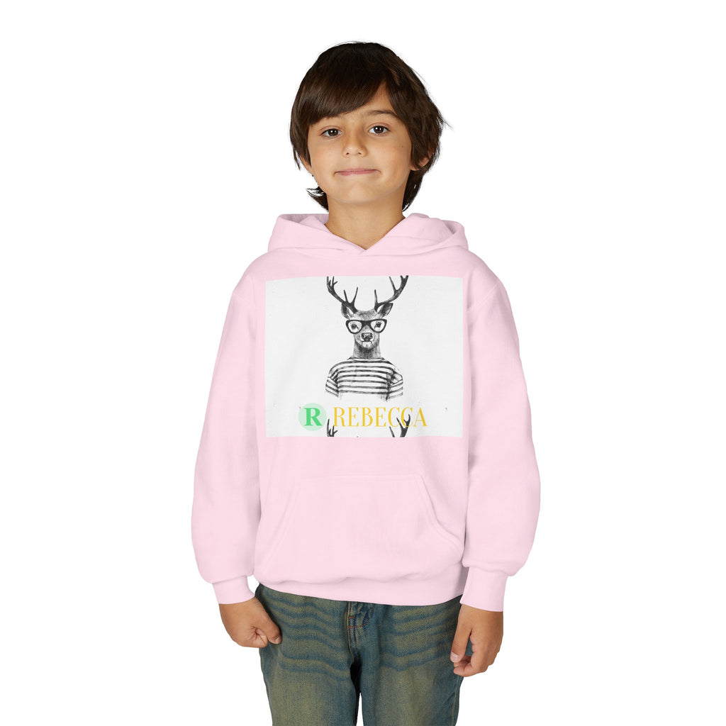 Youth Hoodie — Whimsical Deer with Glasses & 'Rebecca' Name Graphic