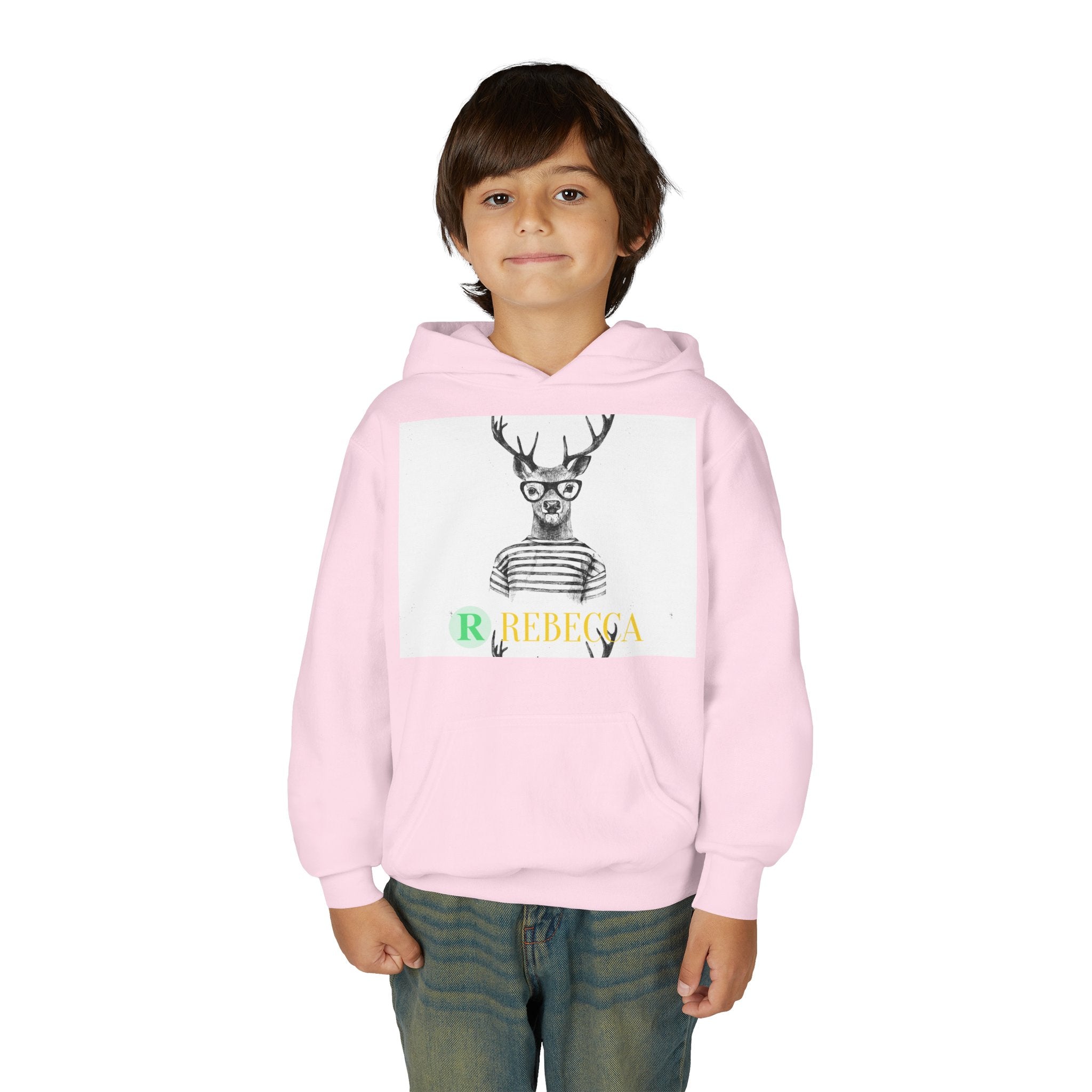 Youth Hoodie — Whimsical Deer with Glasses & 'Rebecca' Name Graphic