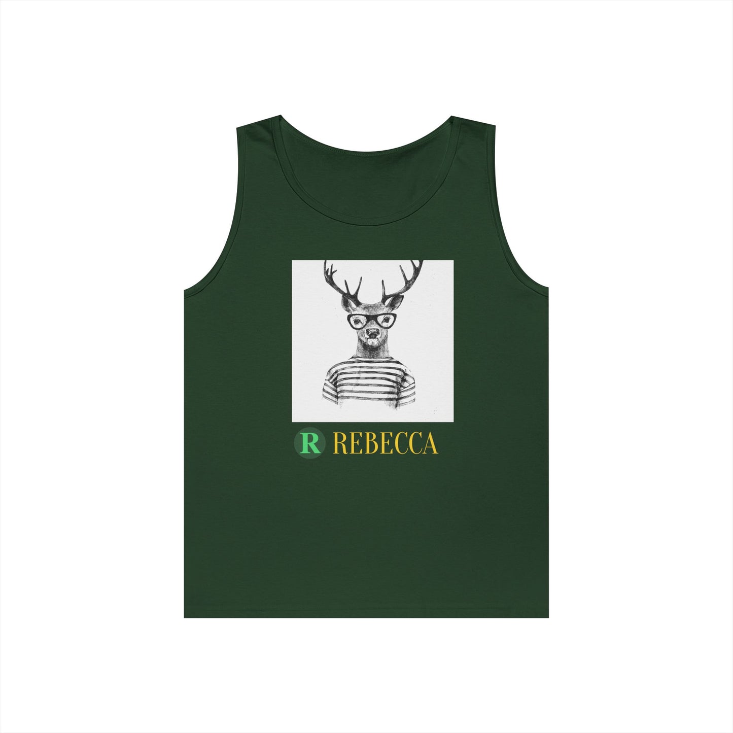 Deer in Glasses Graphic Tank Top — 'Rebecca' Striped Deer Illustration