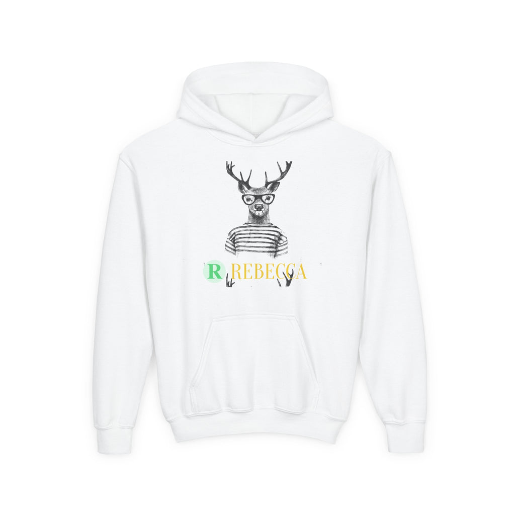 Youth Hoodie — Whimsical Deer with Glasses & 'Rebecca' Name Graphic