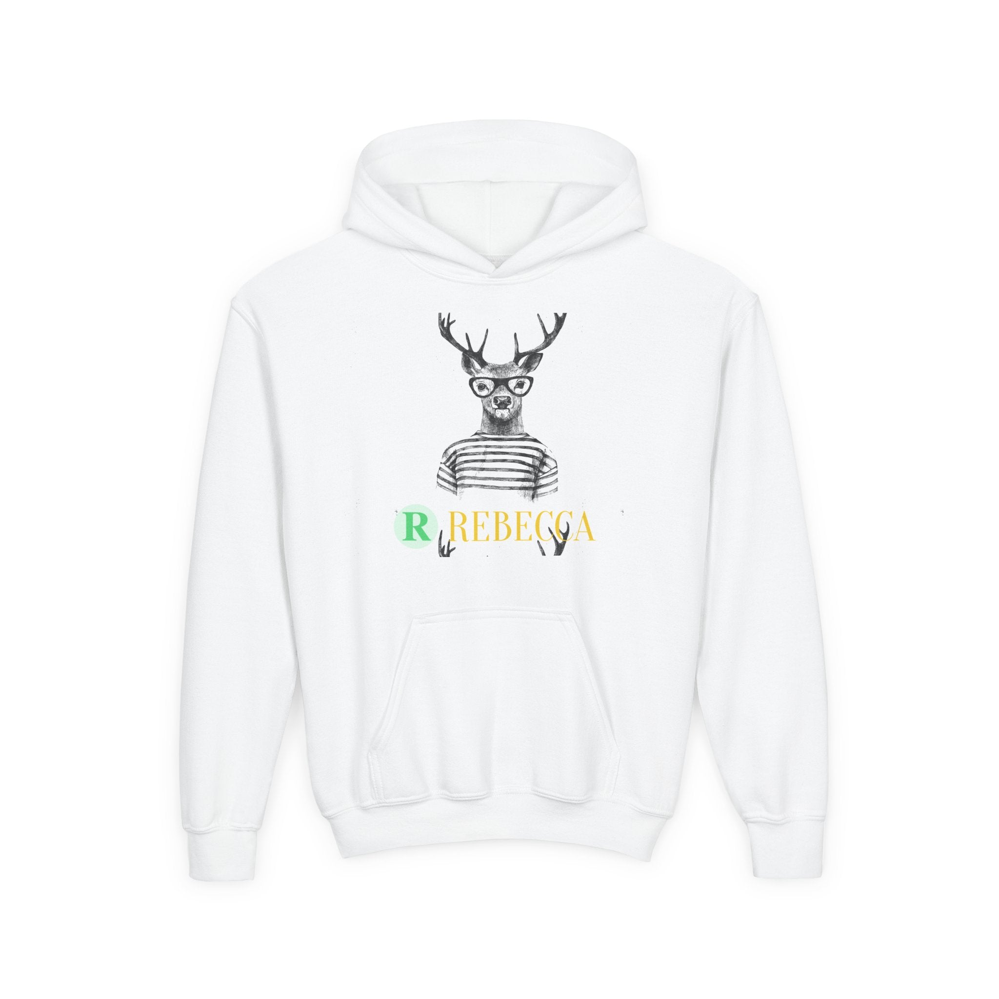 Youth Hoodie — Whimsical Deer with Glasses & 'Rebecca' Name Graphic