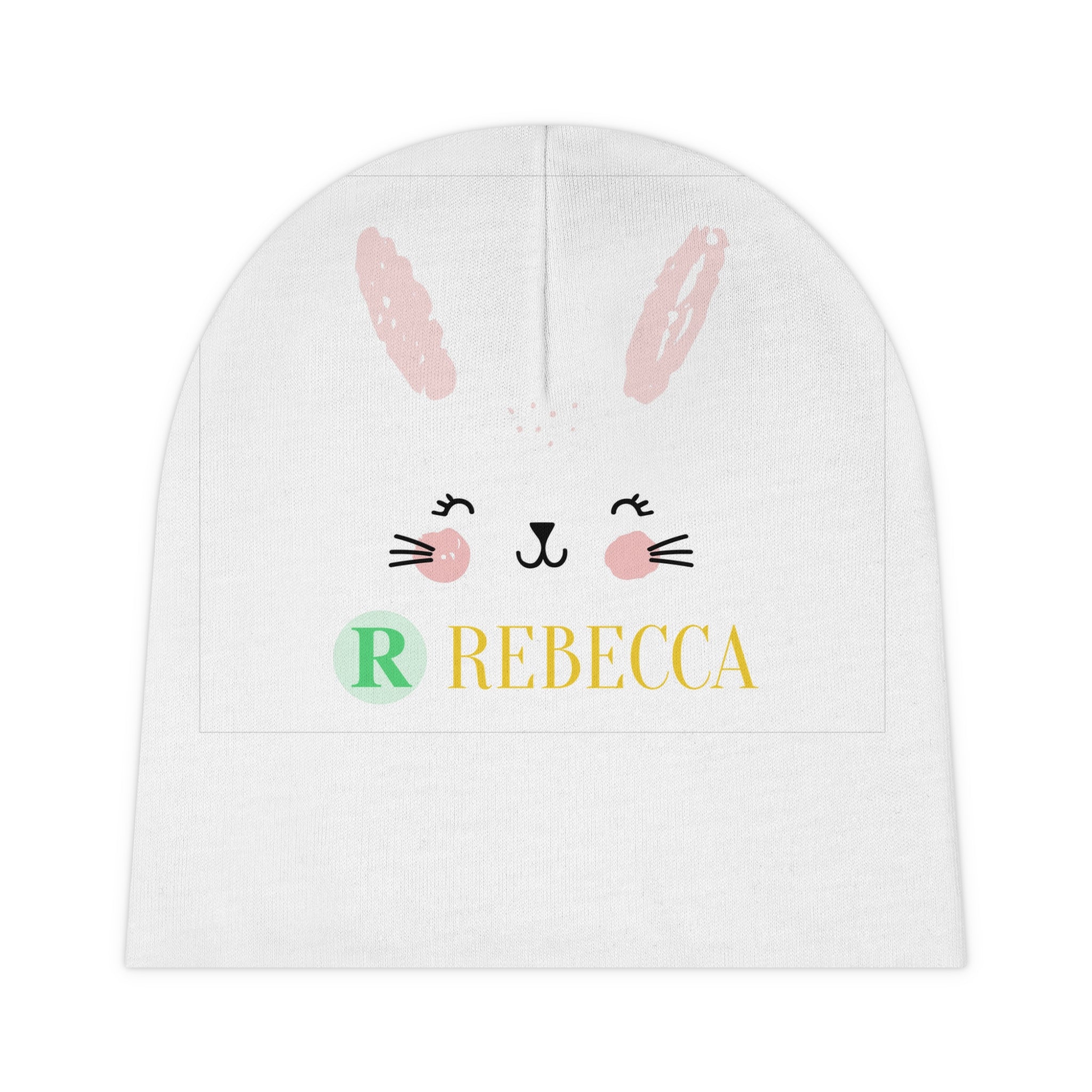 Personalized Bunny Baby Beanie — Custom Name Newborn Hat (e.g., Rebecca)