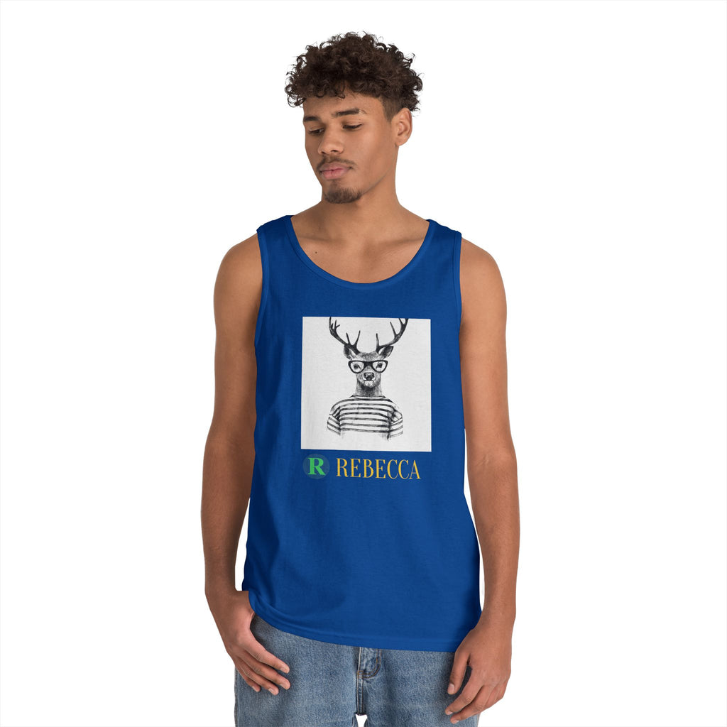 Deer in Glasses Graphic Tank Top — 'Rebecca' Striped Deer Illustration