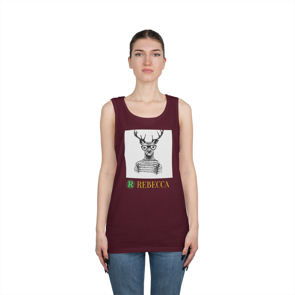 Deer in Glasses Graphic Tank Top — 'Rebecca' Striped Deer Illustration