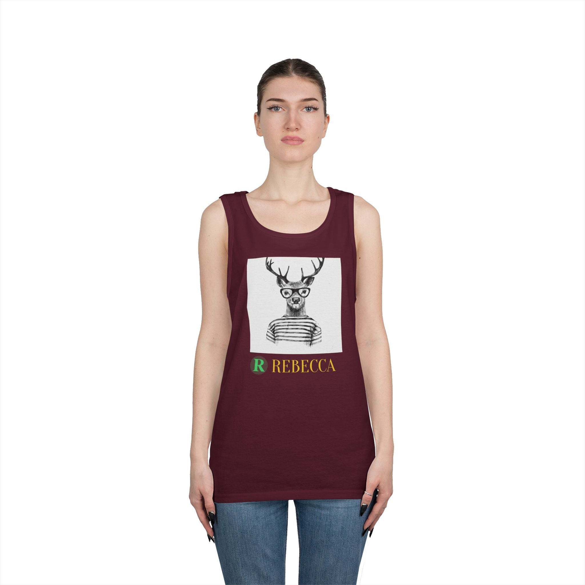 Deer in Glasses Graphic Tank Top — 'Rebecca' Striped Deer Illustration