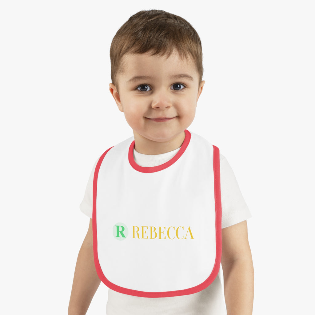 Personalized Baby Bib — Contrast Trim Jersey Bib with Name (Rebecca)