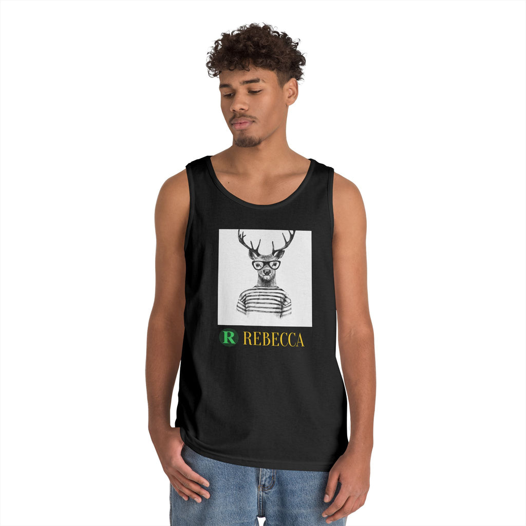 Deer in Glasses Graphic Tank Top — 'Rebecca' Striped Deer Illustration