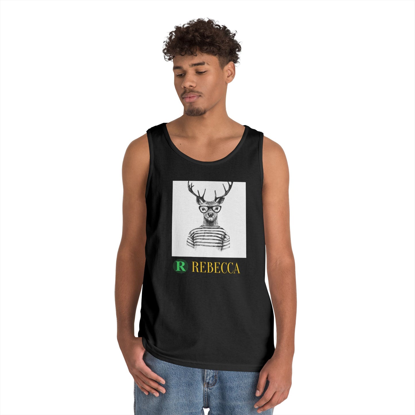 Deer in Glasses Graphic Tank Top — 'Rebecca' Striped Deer Illustration