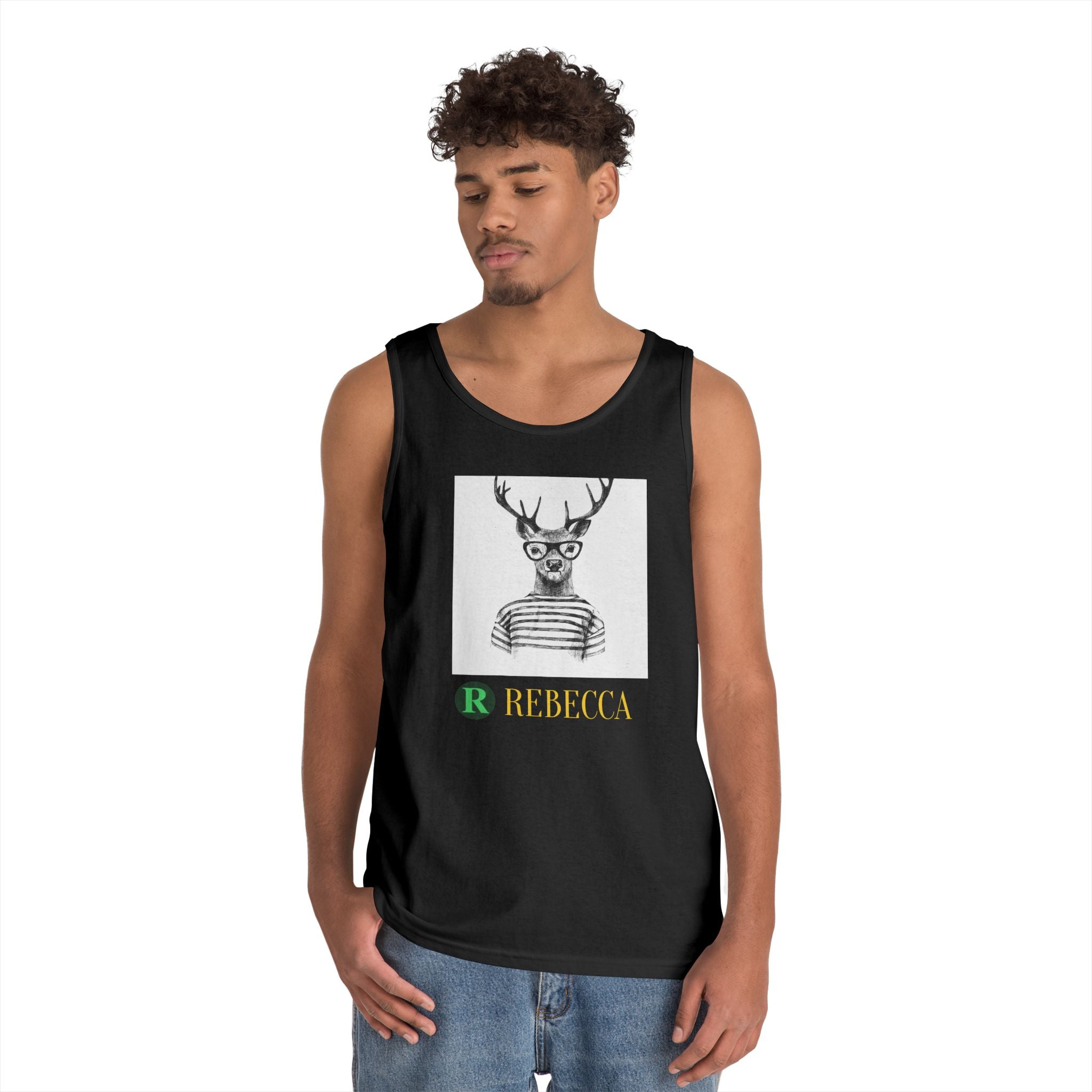 Deer in Glasses Graphic Tank Top — 'Rebecca' Striped Deer Illustration