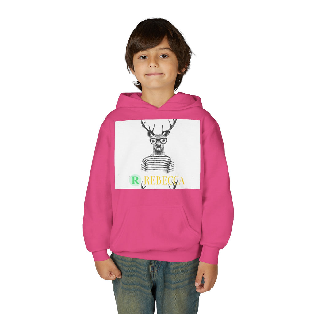 Youth Hoodie — Whimsical Deer with Glasses & 'Rebecca' Name Graphic