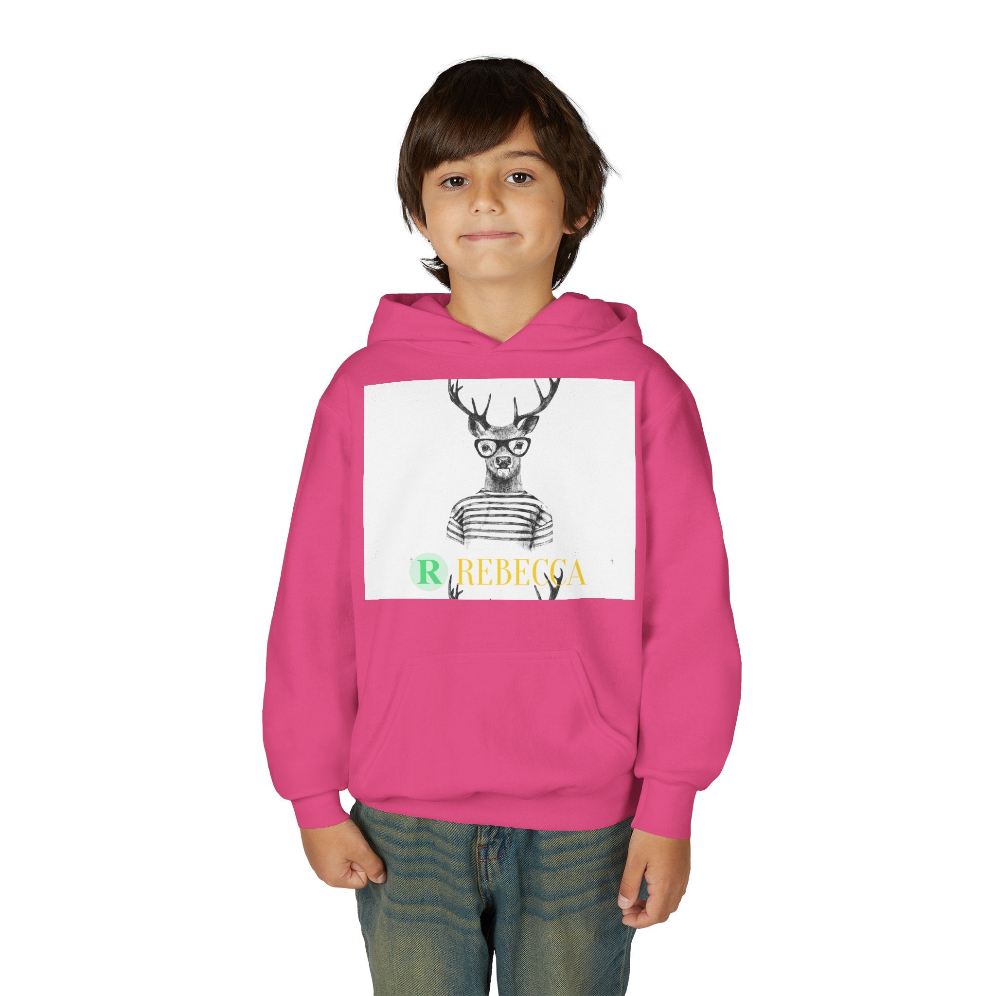 Youth Hoodie — Whimsical Deer with Glasses & 'Rebecca' Name Graphic