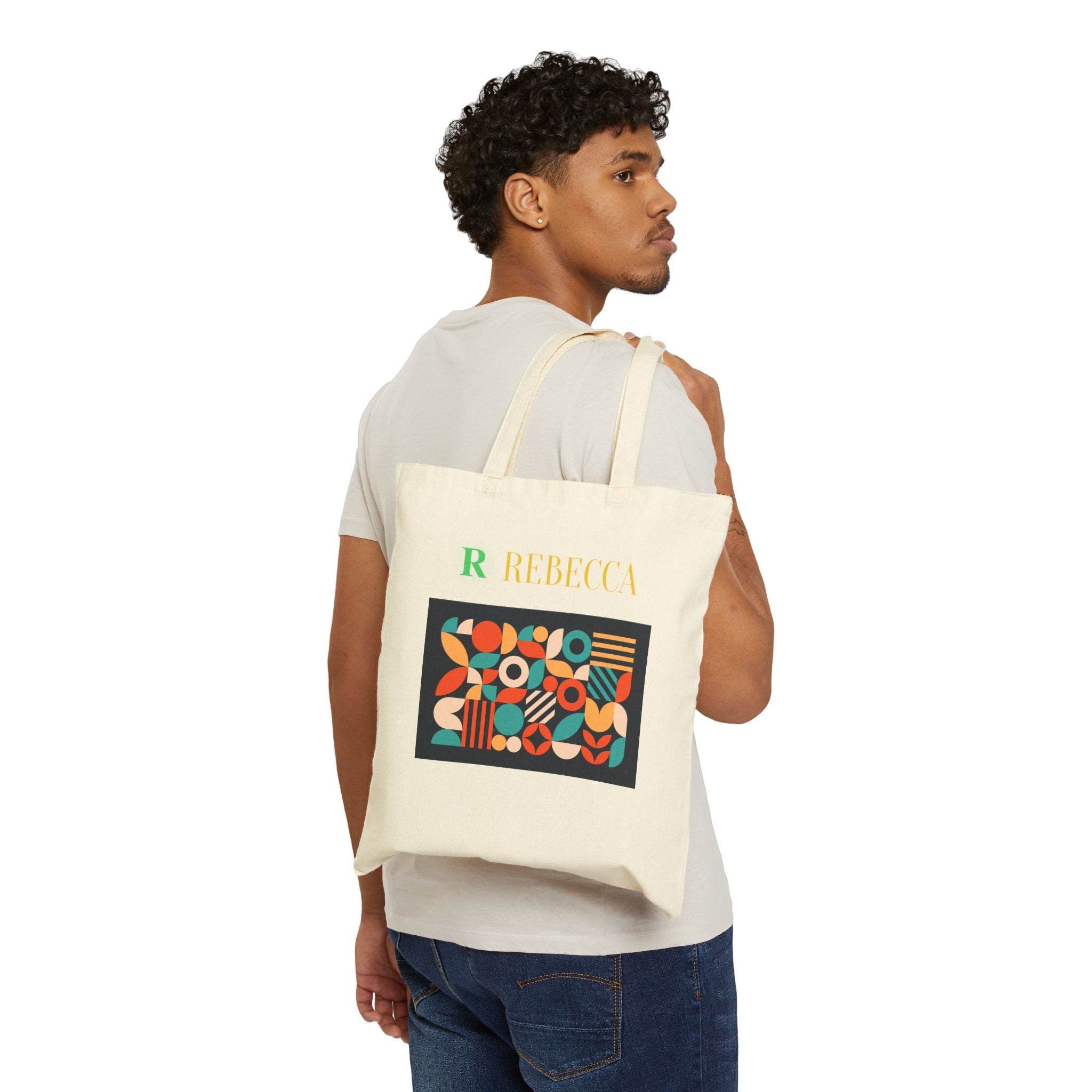Personalized Geometric Canvas Tote Bag — Custom Name Rebecca, Colorful Retro Pattern