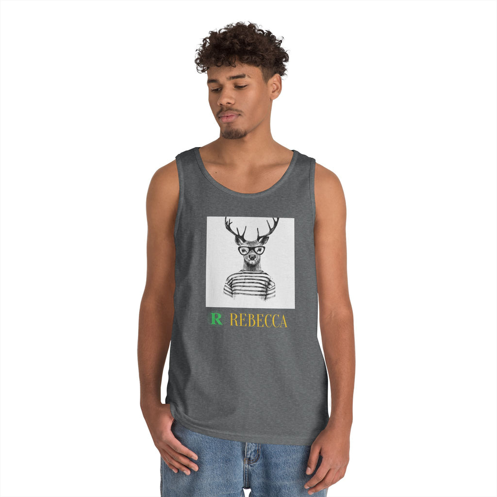 Deer in Glasses Graphic Tank Top — 'Rebecca' Striped Deer Illustration