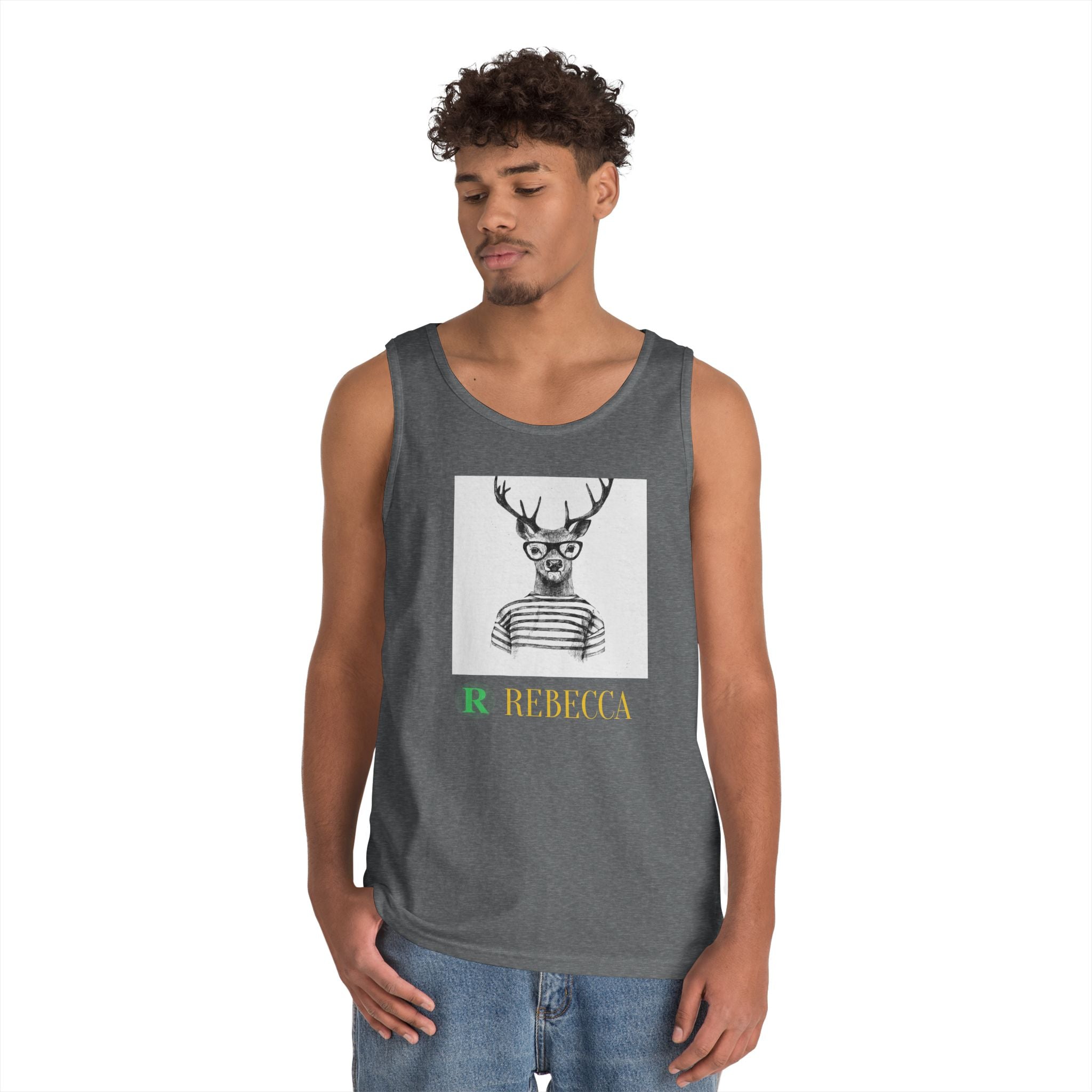 Deer in Glasses Graphic Tank Top — 'Rebecca' Striped Deer Illustration