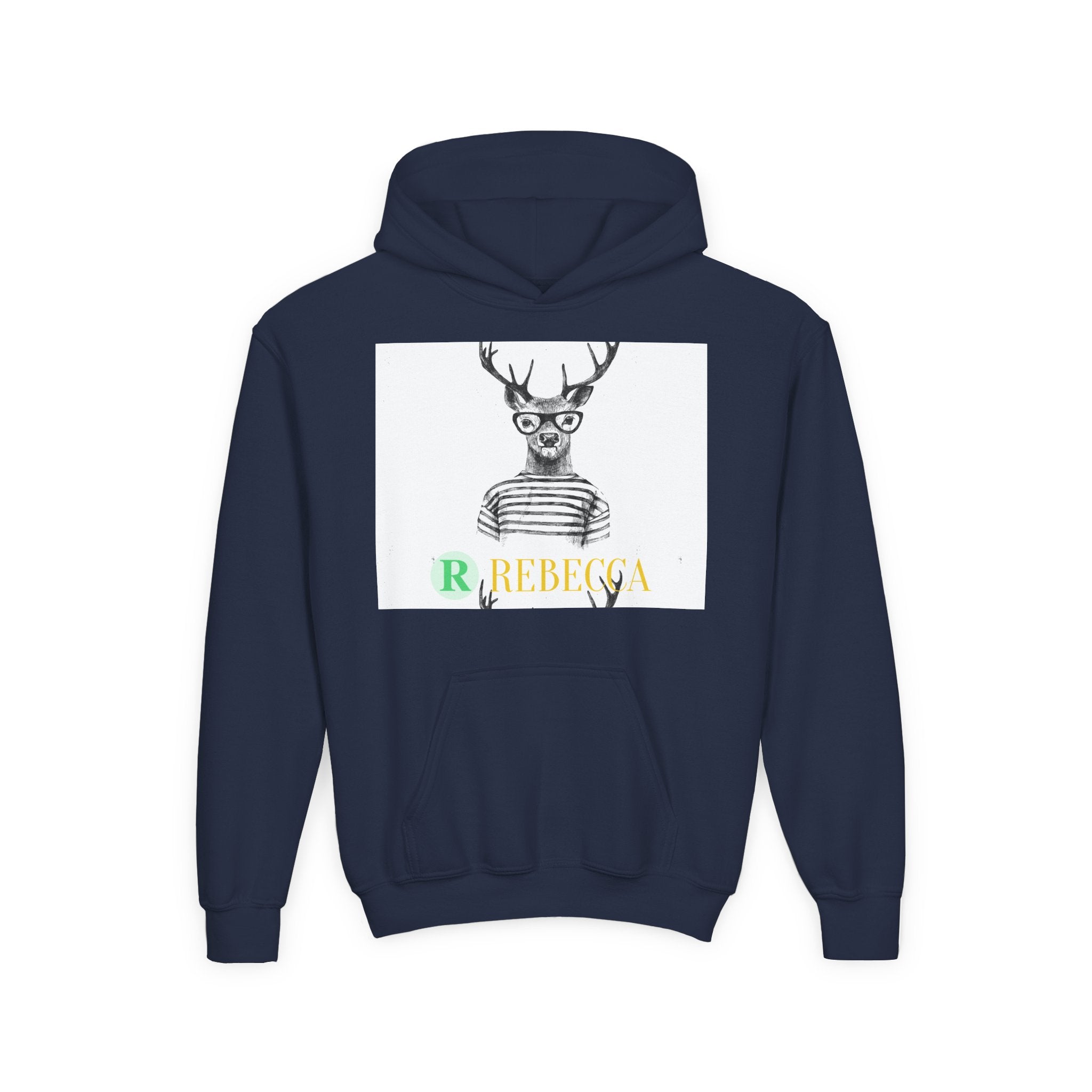 Youth Hoodie — Whimsical Deer with Glasses & 'Rebecca' Name Graphic