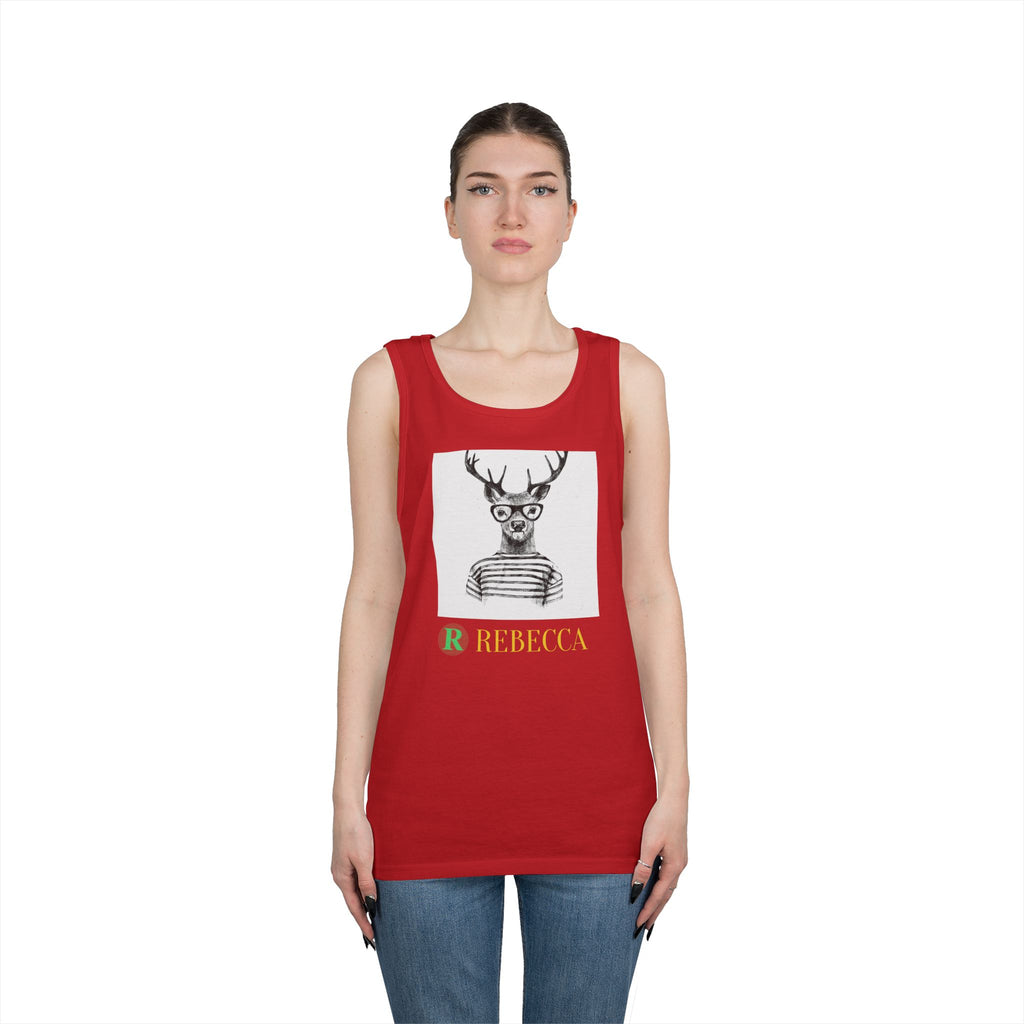 Deer in Glasses Graphic Tank Top — 'Rebecca' Striped Deer Illustration
