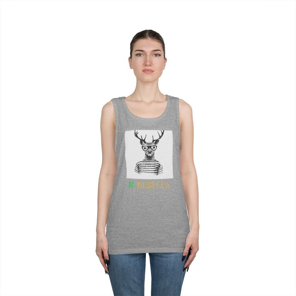 Deer in Glasses Graphic Tank Top — 'Rebecca' Striped Deer Illustration