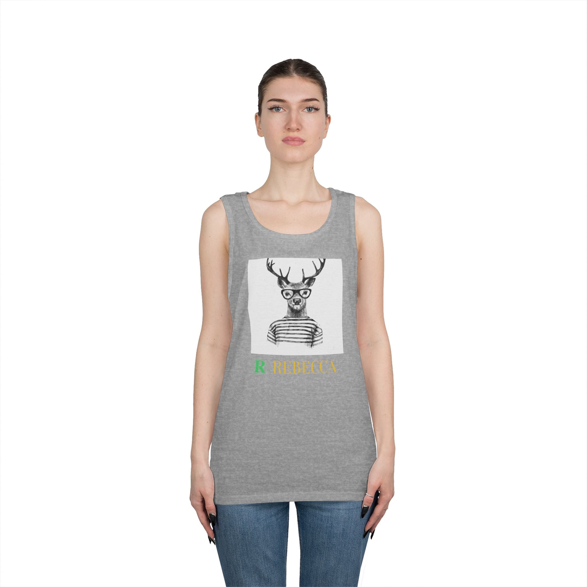 Deer in Glasses Graphic Tank Top — 'Rebecca' Striped Deer Illustration