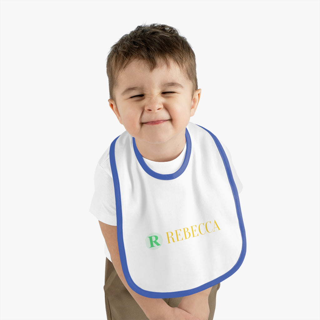 Personalized Baby Bib — Contrast Trim Jersey Bib with Name (Rebecca)