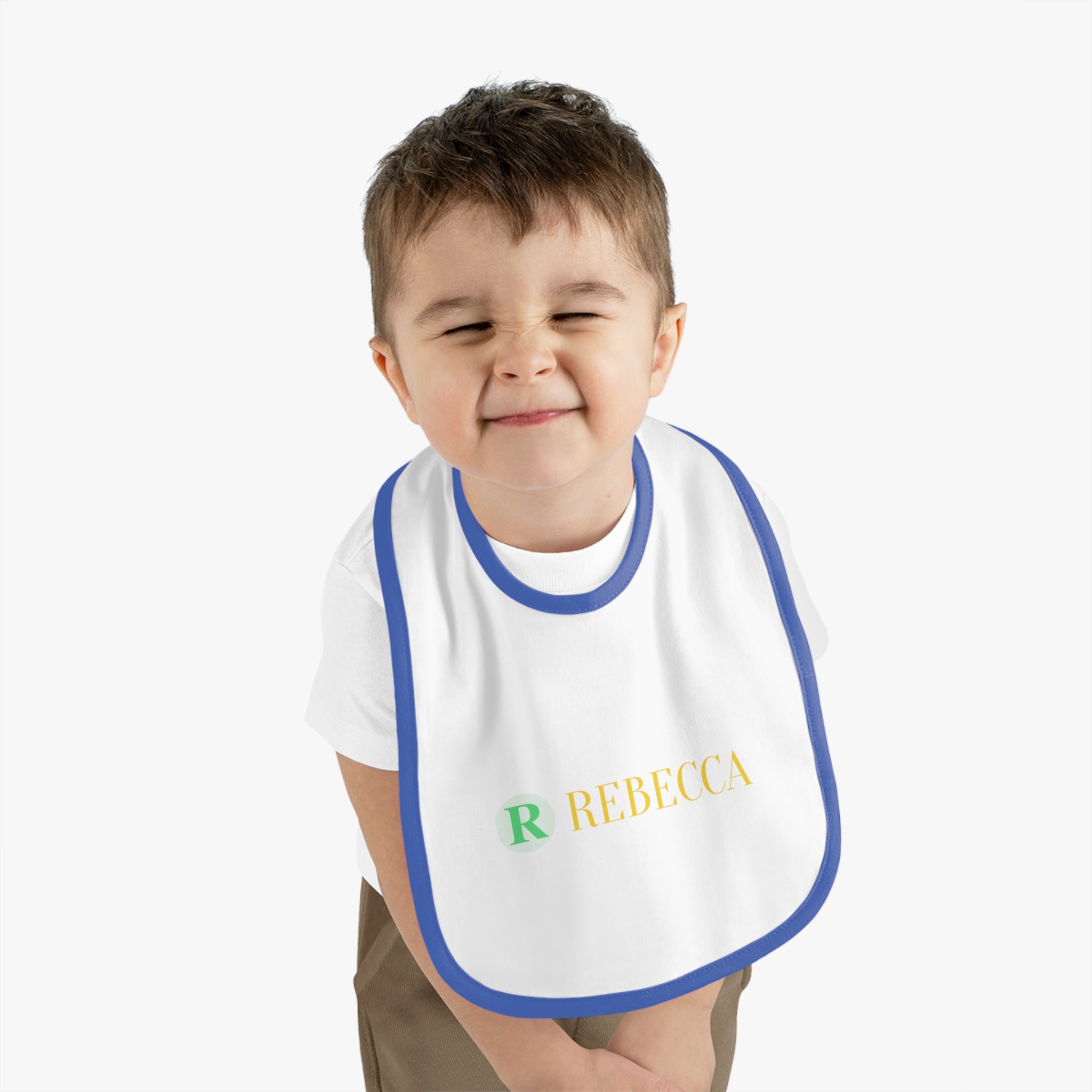 Personalized Baby Bib — Contrast Trim Jersey Bib with Name (Rebecca)