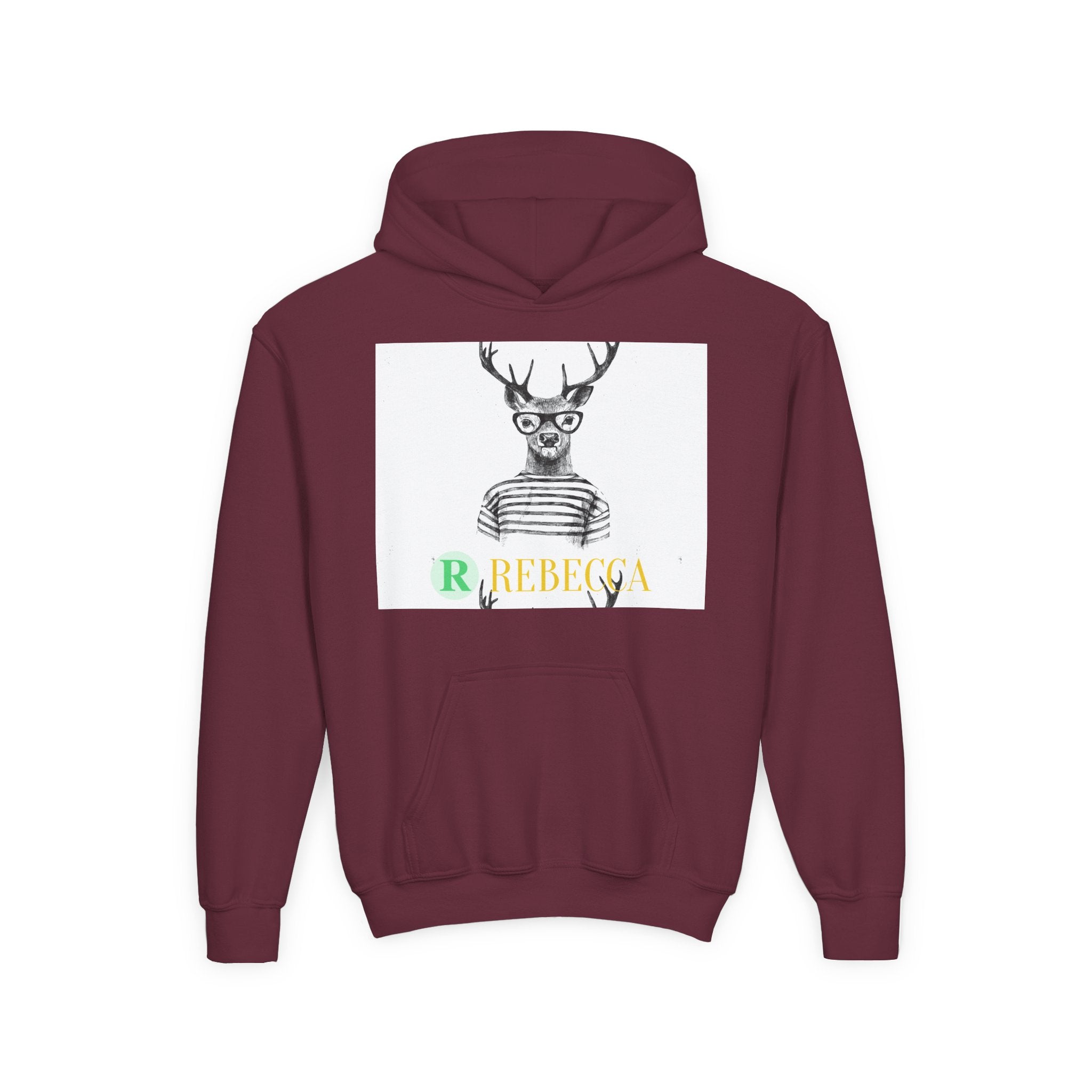 Youth Hoodie — Whimsical Deer with Glasses & 'Rebecca' Name Graphic