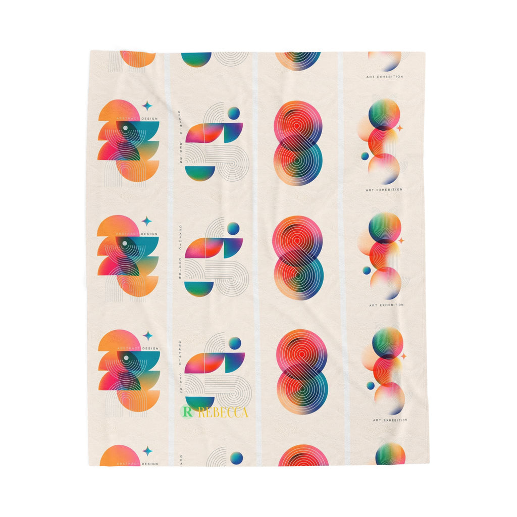 Abstract Colorful Geometric Velveteen Plush Blanket — Retro Rainbow Shapes Throw