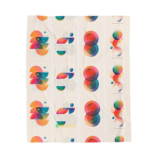 Abstract Colorful Geometric Velveteen Plush Blanket — Retro Rainbow Shapes Throw