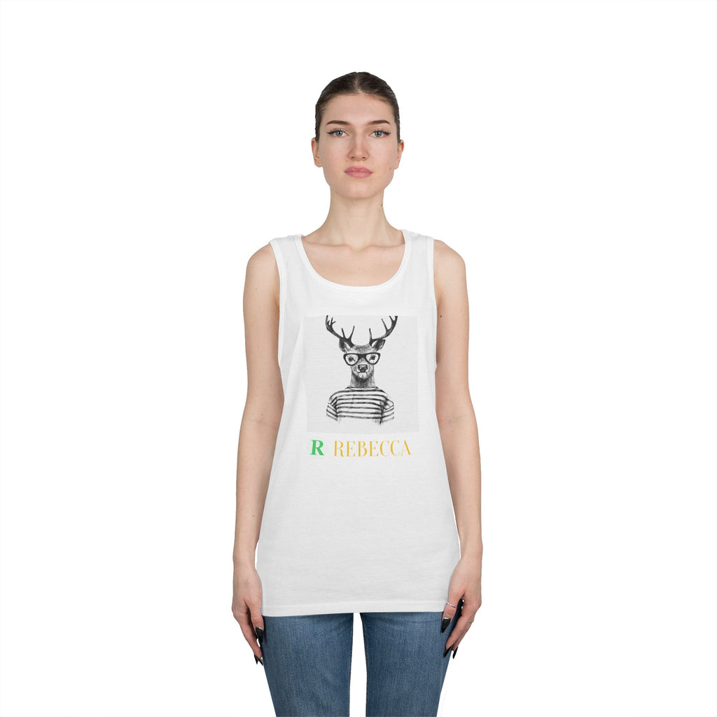 Deer in Glasses Graphic Tank Top — 'Rebecca' Striped Deer Illustration