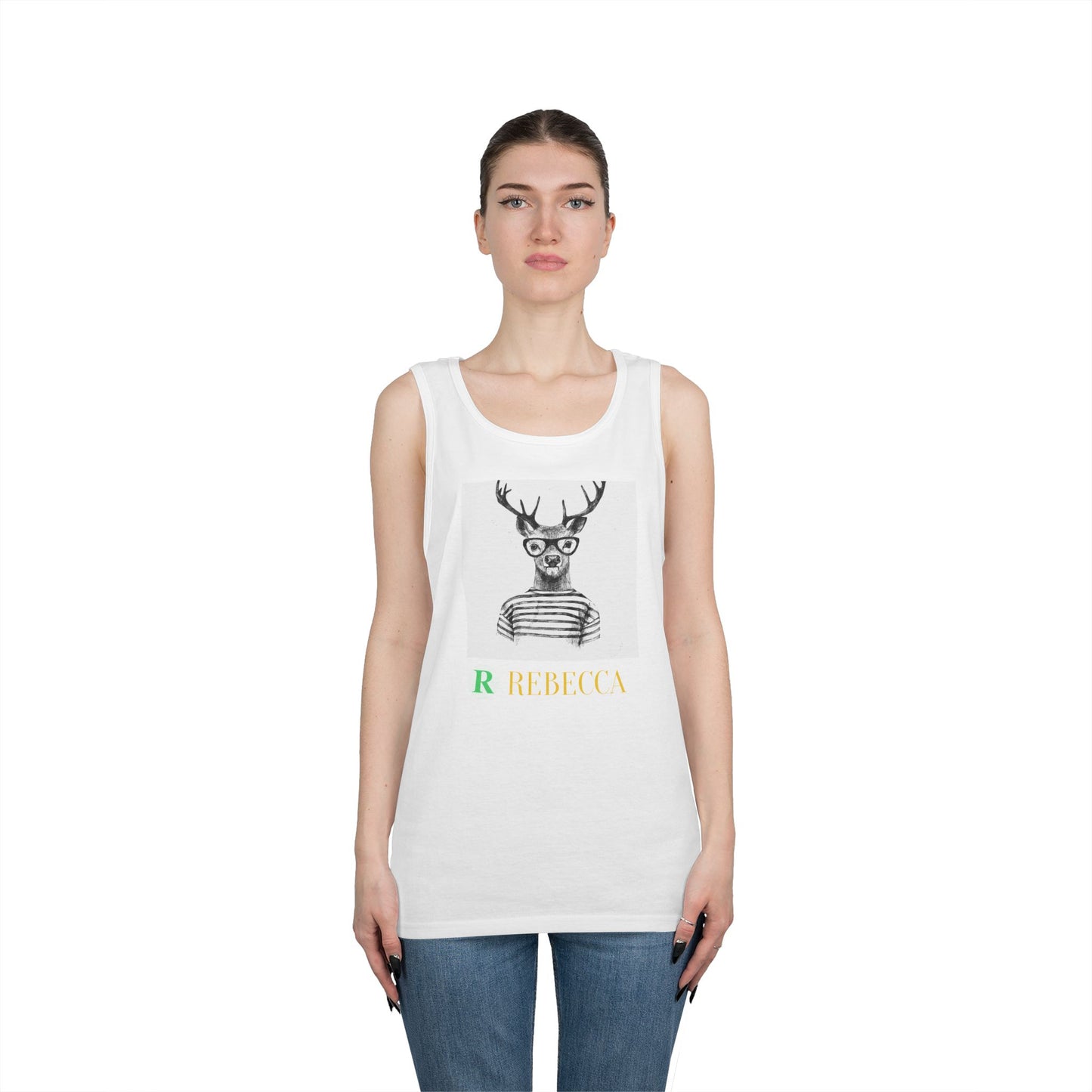 Deer in Glasses Graphic Tank Top — 'Rebecca' Striped Deer Illustration